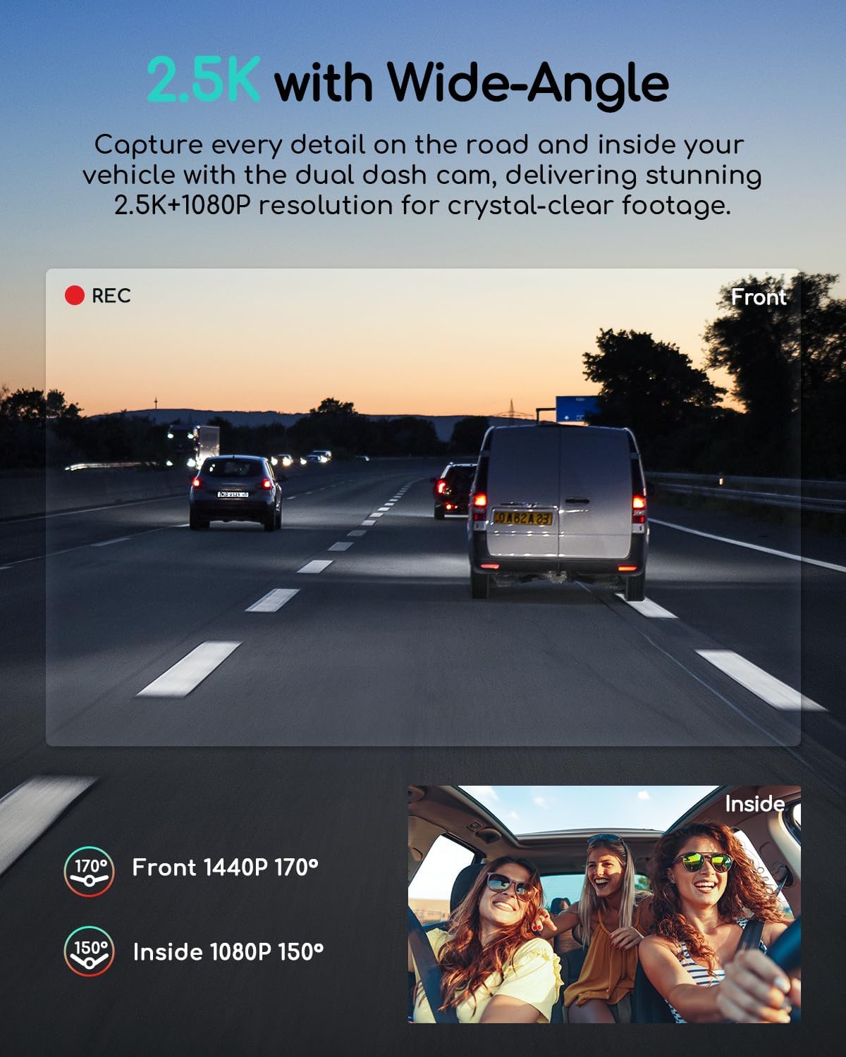 Detalle de COOAU Dual Dash Cam 2.5K front and 1080P interior