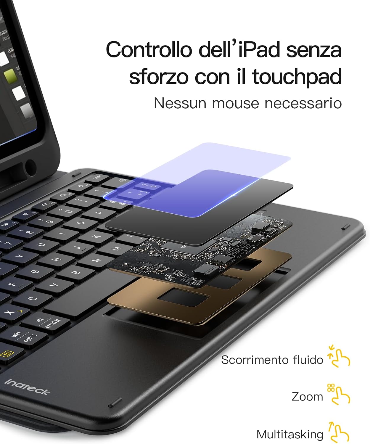 Detalle de Inateck Cover iPad con Tastiera e Trackpad: compatibilità estesa e comodità in un unico accessorio