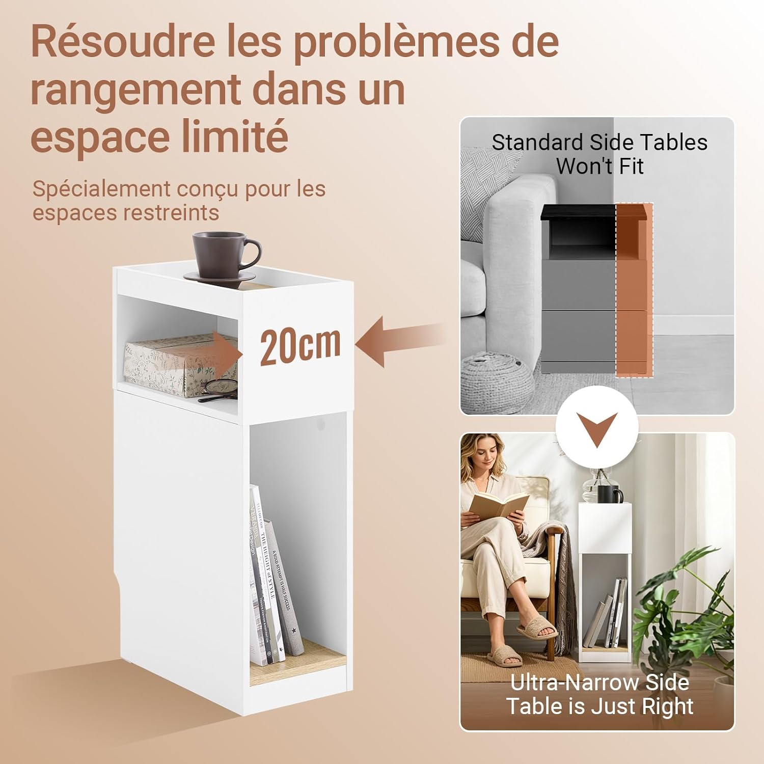 Detalle 2 de SoBuy Lot de 2 Tables de Chevet étroites 20 cm – Chevet avec tiroir réversible et encoche pour plinthe, blanc 20 x 35 x 60 cm, FBT171-WNx2