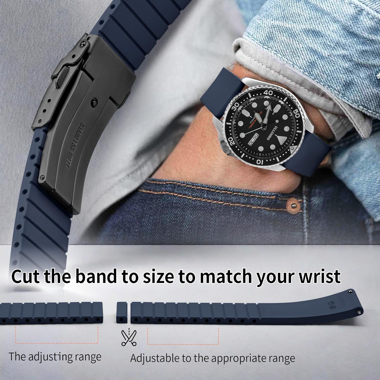 Thumbnail 4 de Uhrenarmband aus Fluorkautschuk (FKM) mit Faltschließe, Cut-to-Size und Schnellverschluss – passend für 18–22 mm