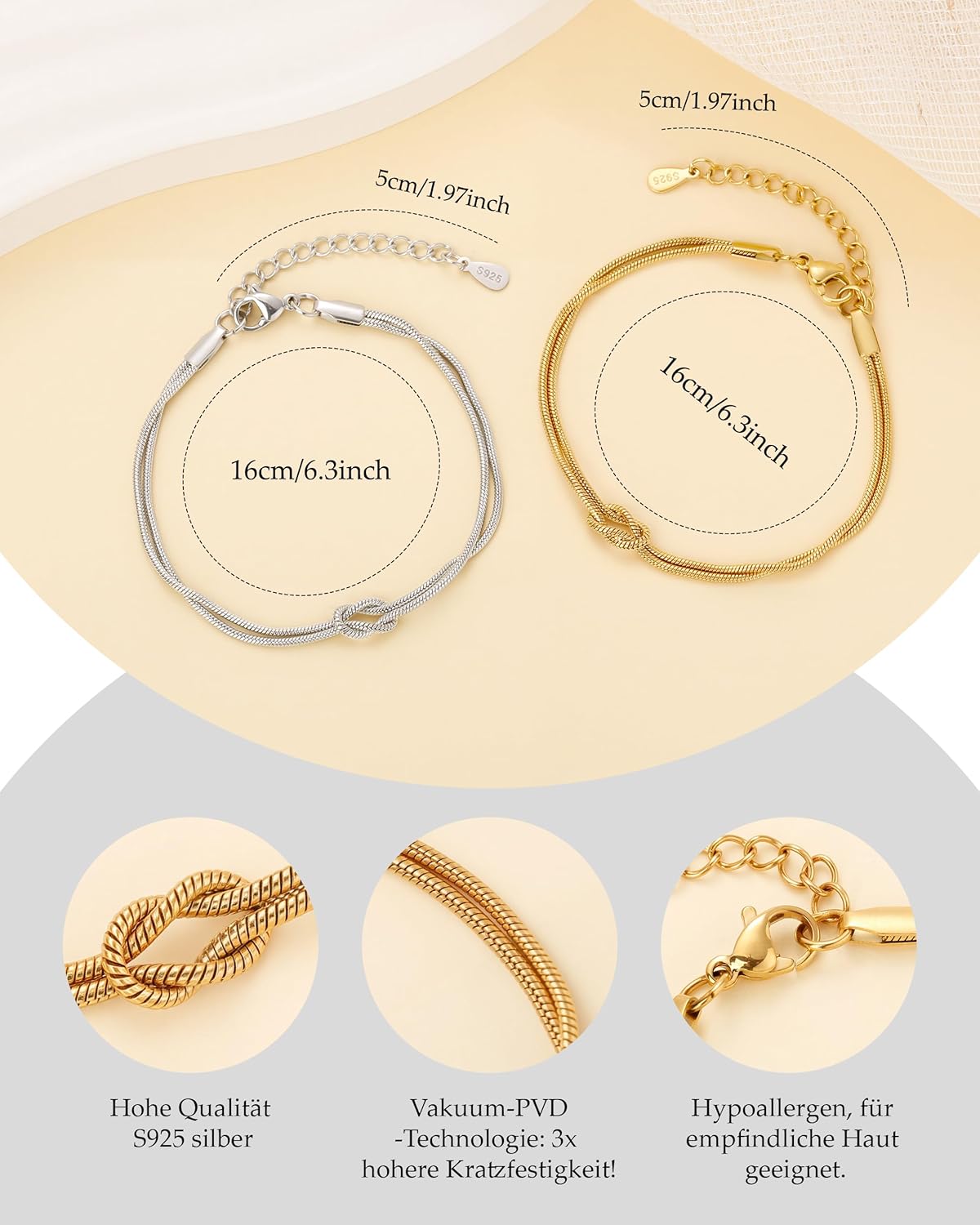 Detalle de 2er Freundschaftsarmbänder Set aus Silber 925 und 14K Gold – Verstellbares Knotenarmband, Geschenkbox
