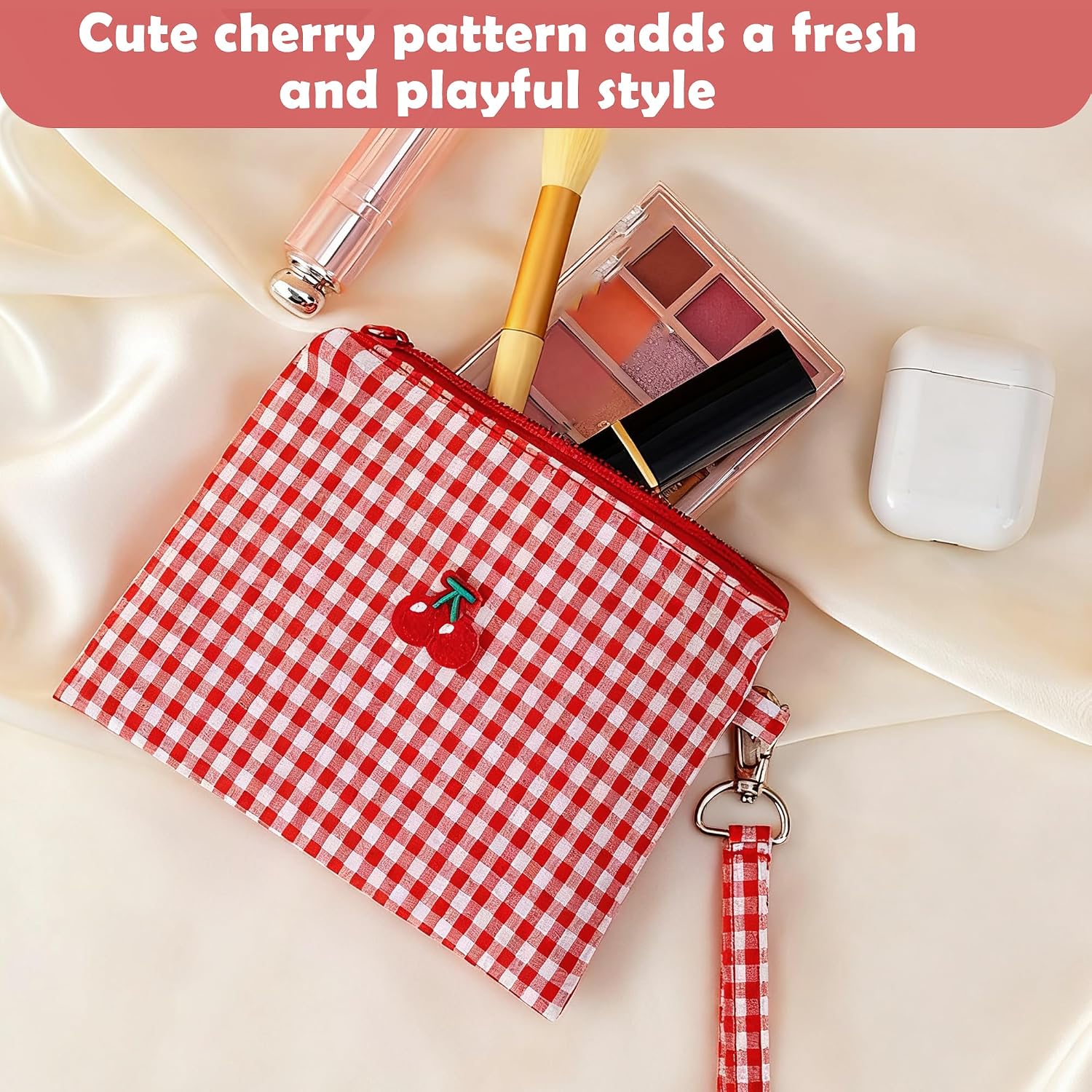 Thumbnail 1 de Portable Red Cherry Canvas Makeup Bag – Compact, Versatile Travel Pouch