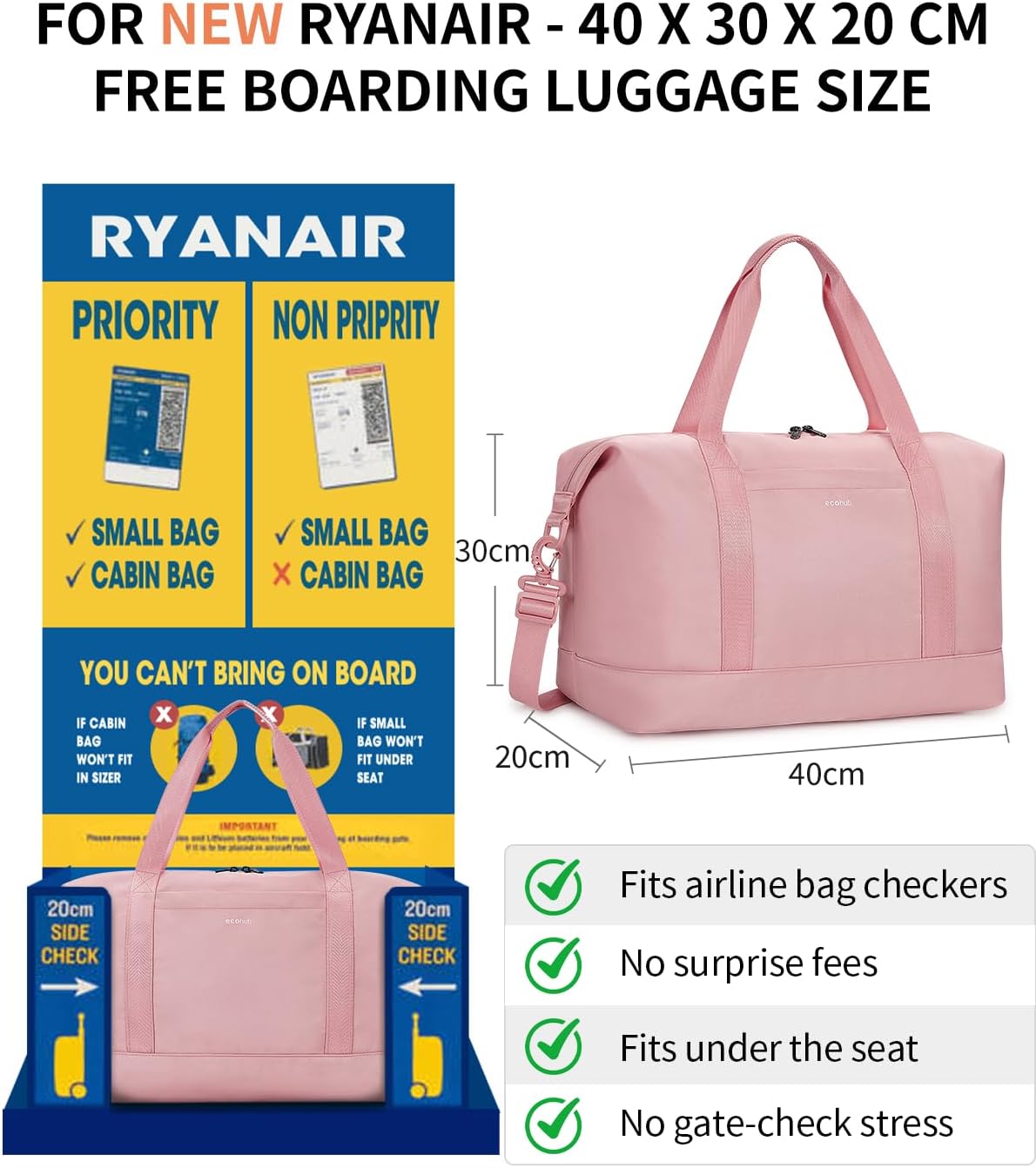 Thumbnail 1 de ECOHUB 20L Ryanair Handgepäck Tasche 40x20x25 mit Nass-Tasche (faltbar) – Rosa