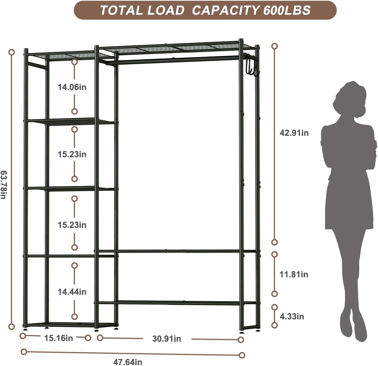 Detalle de Neprock free-standing clothes rail with hanging bar, 4 shelves and hooks (black)