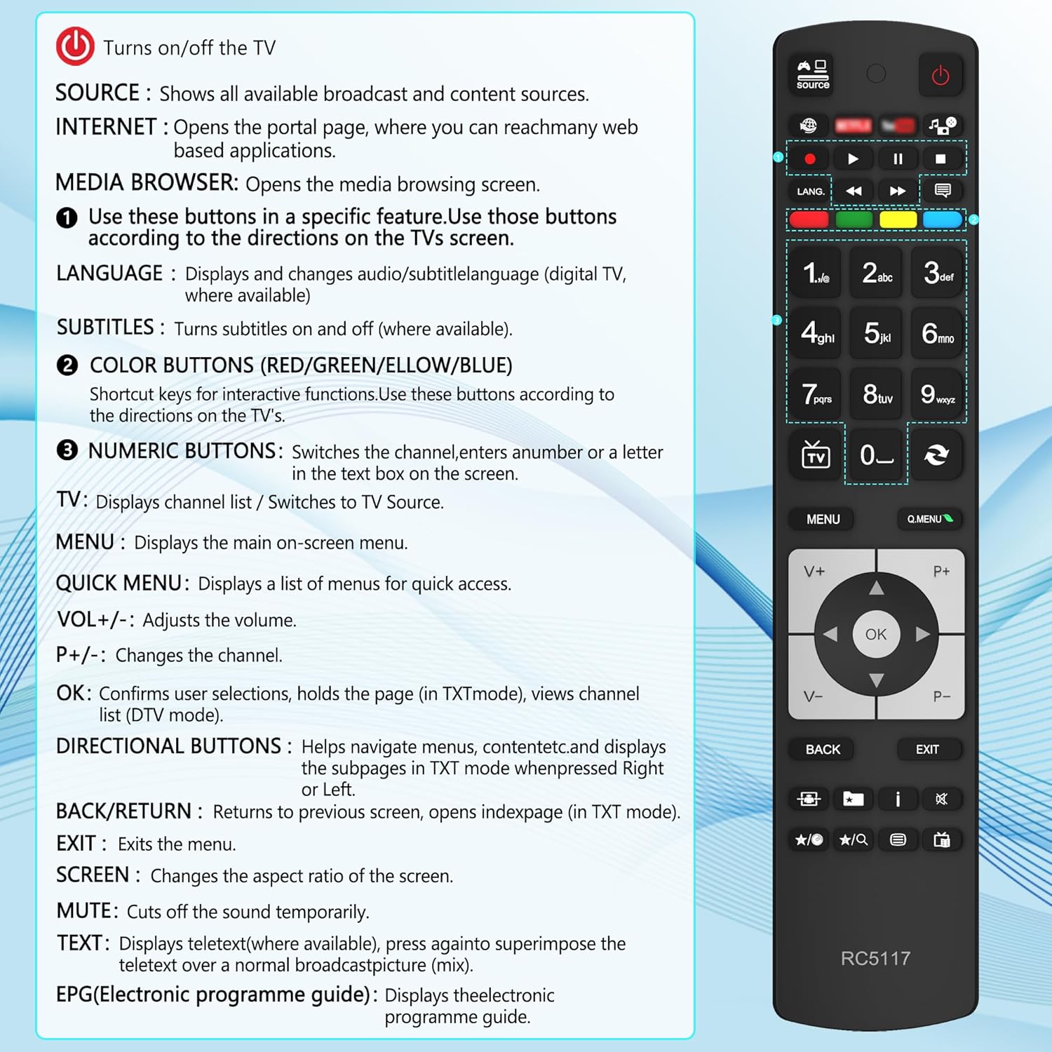 Detalle de New RC5117 Replacement Hitachi TV Remote for Hitachi, Luxor, Bush, Digihome, Finlux, JVC – No Setup Required