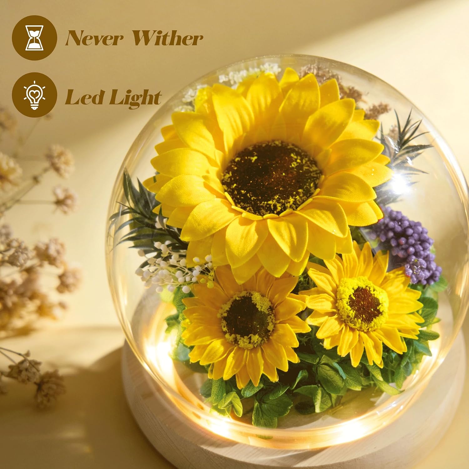Detalle 1 de JIGQGY Sunflower Glass Dome LED 1️⃣🌻