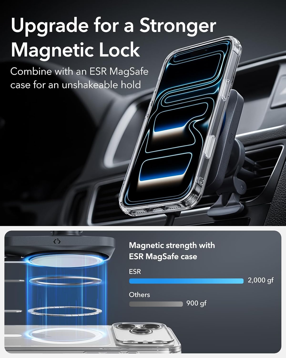 Thumbnail 6 de ESR MagSafe Car Mount Charger with CryoBoost: 15W Fast Charging and Cooling for iPhone 17e–13/12 Series