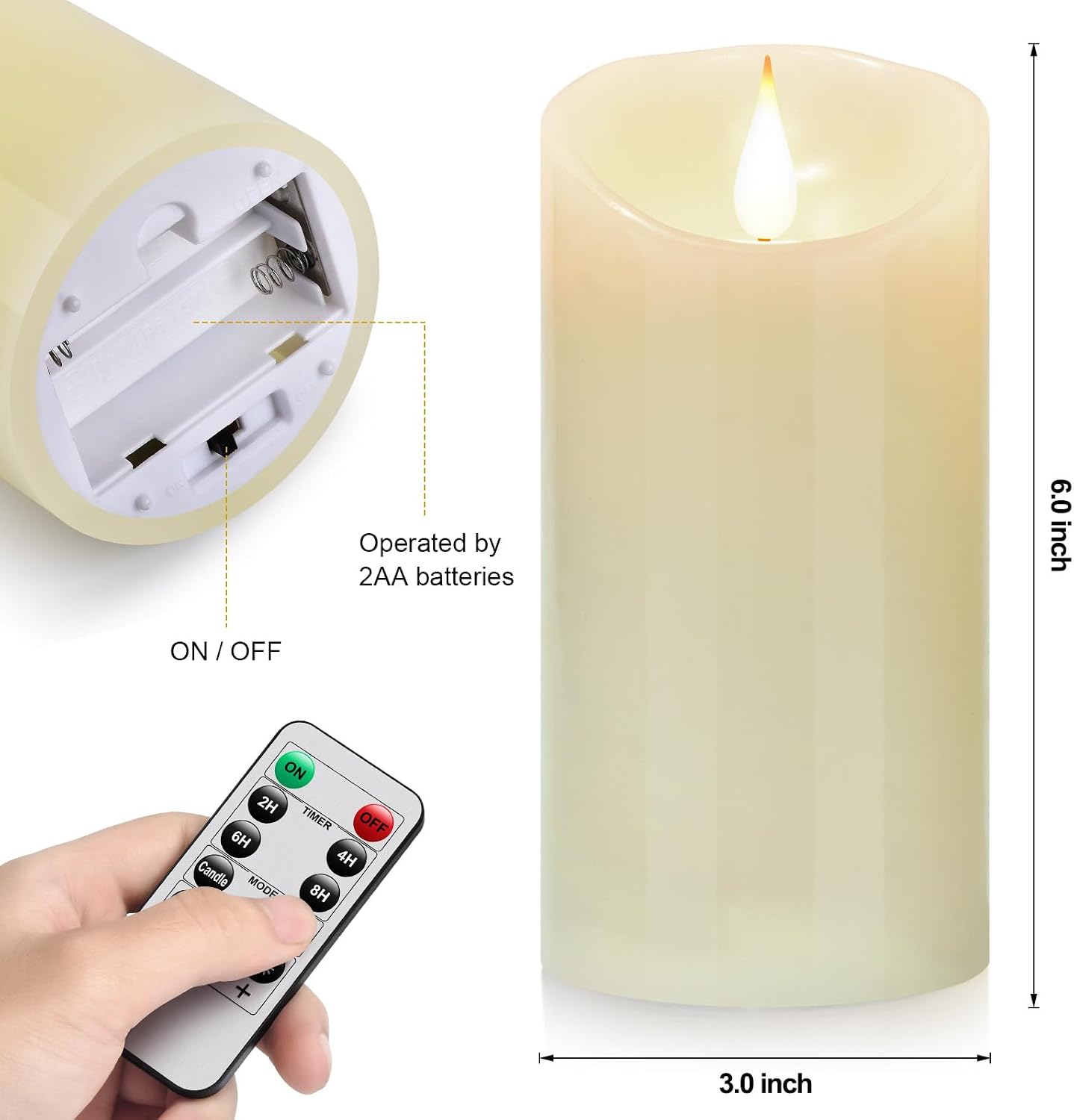 Detalle de Biyanuo 3D Wick Flameless LED Candles — Set of 2 with Remote and 24-Hour Timer (D3H6 inch)
