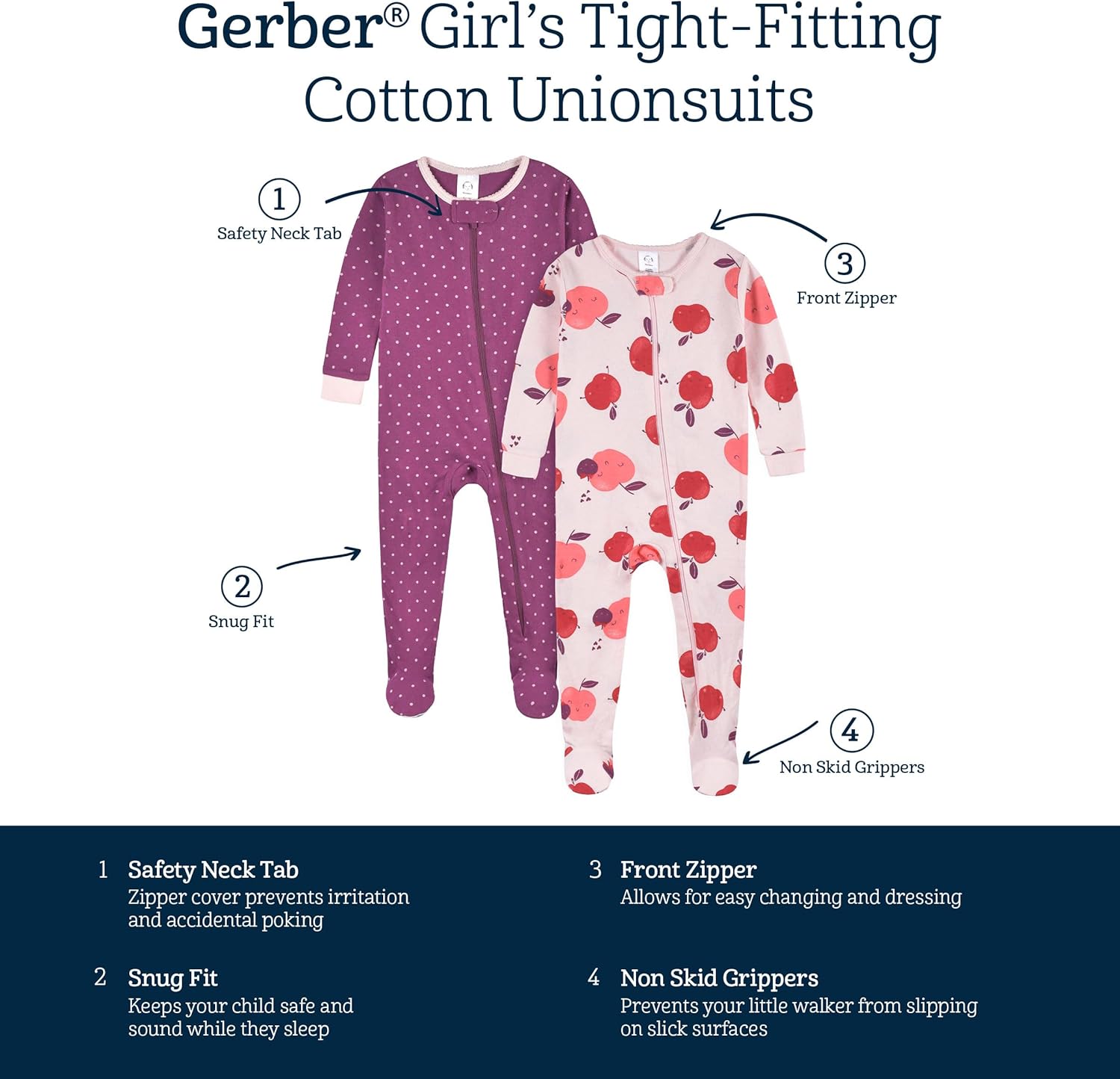 Detalle de Gerber 2-Pack Pyjamas Grenouillère avec Pieds pour Bébés et Tout-petits – Confort et sécurité