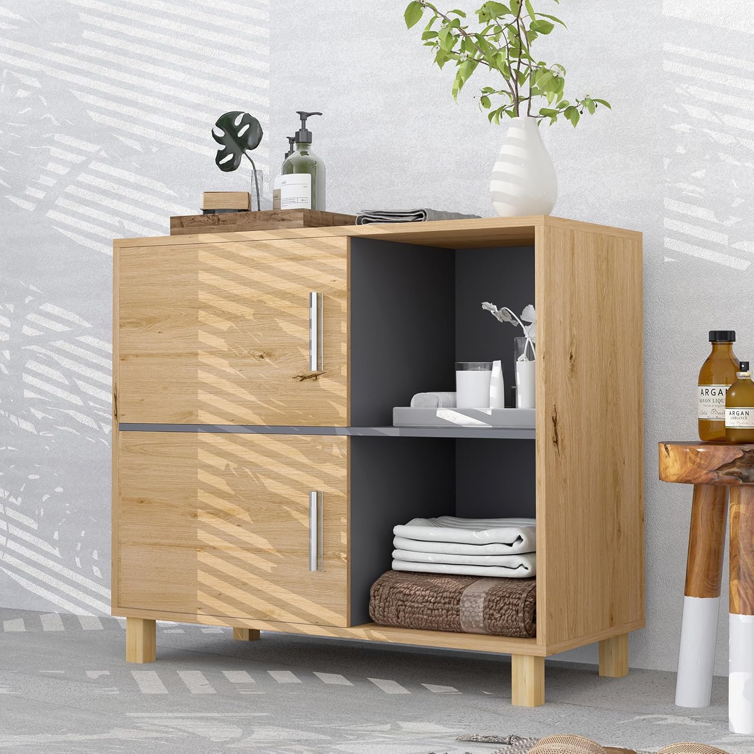 Thumbnail 6 de HOMCOM Meuble de Salle de Bain – rangement 80 x 35 x 70 cm avec placard et compartiments ouverts
