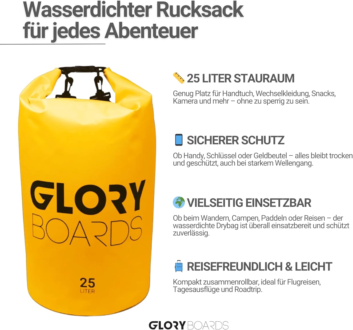 Thumbnail 1 de Glory Boards Dry Bag 25L – wasserdichter Rucksack & Schwimmtasche für SUP, Kajak & Outdoor – gelb