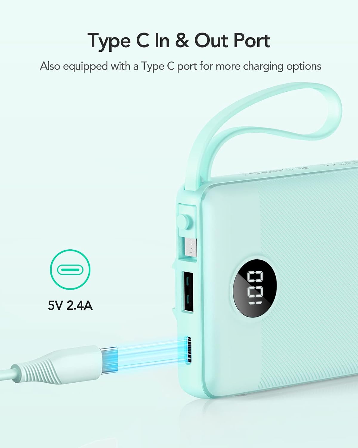 Detalle de VRURC T1116 Portable Charger, 10,000mAh Power Bank with 4 Built-In Cables