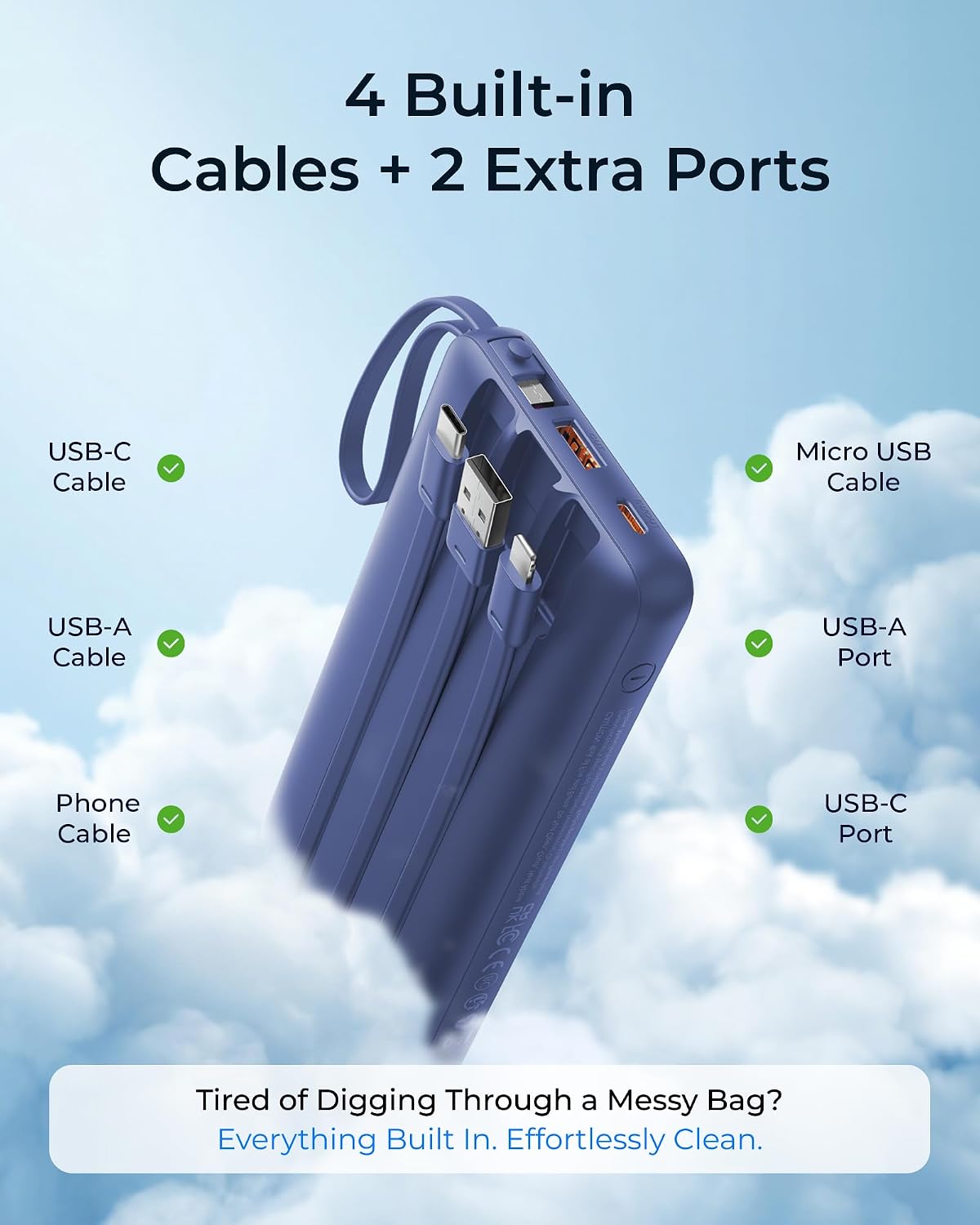 Detalle 2 de VRURC T2047Q 20,000mAh Power Bank with Four Built-In Cables and 22.5W Charging