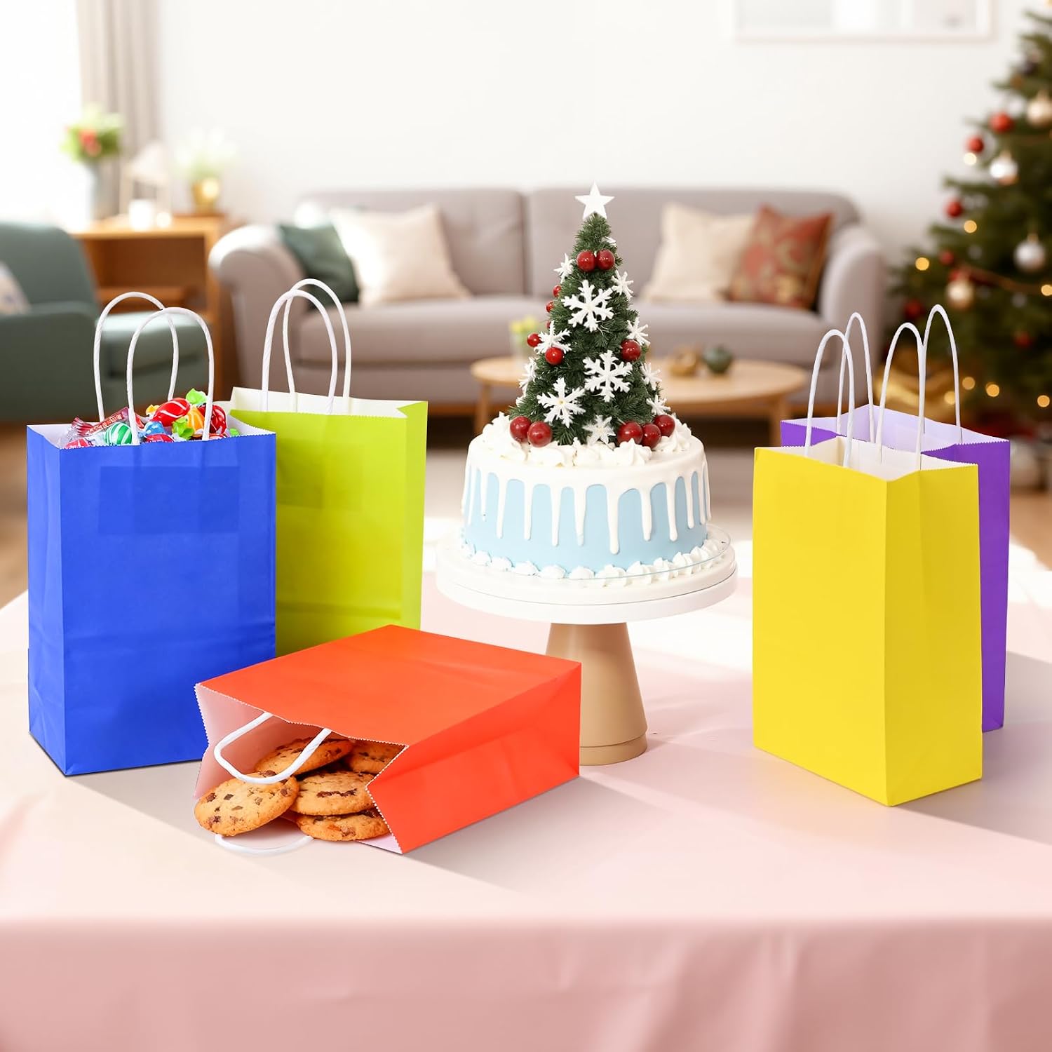 Detalle de HOMIKLSA 50 Stück Geschenktüten mit Griffen 21 x 15 x 8 cm – bunte Kraftpapier-Tüten, kleine Größe