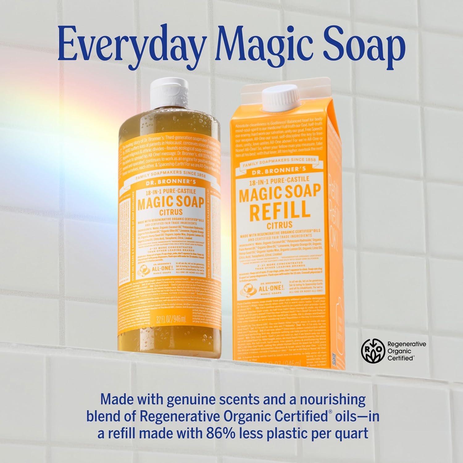 Detalle 2 de Dr. Bronner's Pure-Castile Magic Soap Liquid, Citrus, 32 oz + Refill, 18-in-1