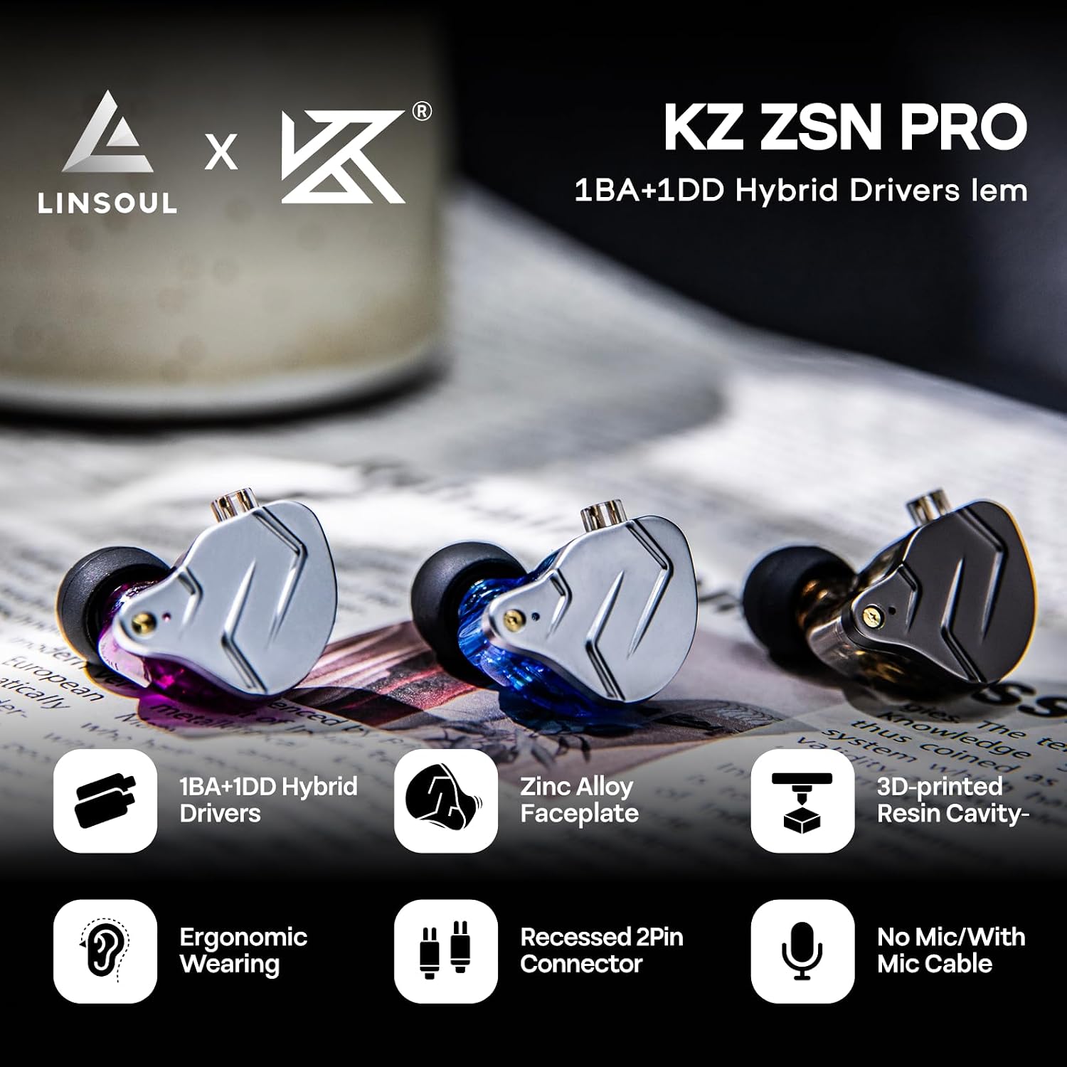 Detalle 2 de Linsoul KZ ZSN Pro Dual Driver (1BA+1DD) auricolari ibridi in metallo con cavo staccabile a 2 pin e microfono