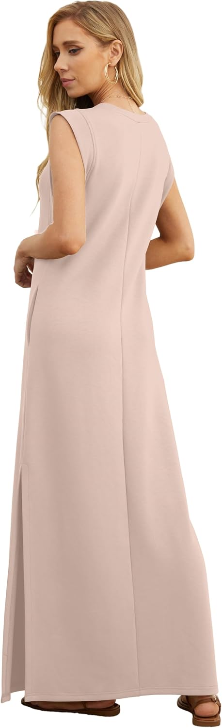 Detalle 1 de GRECERELLE GC8312 Women's Maxi Dress, Round Neck, Side Slit and Pockets