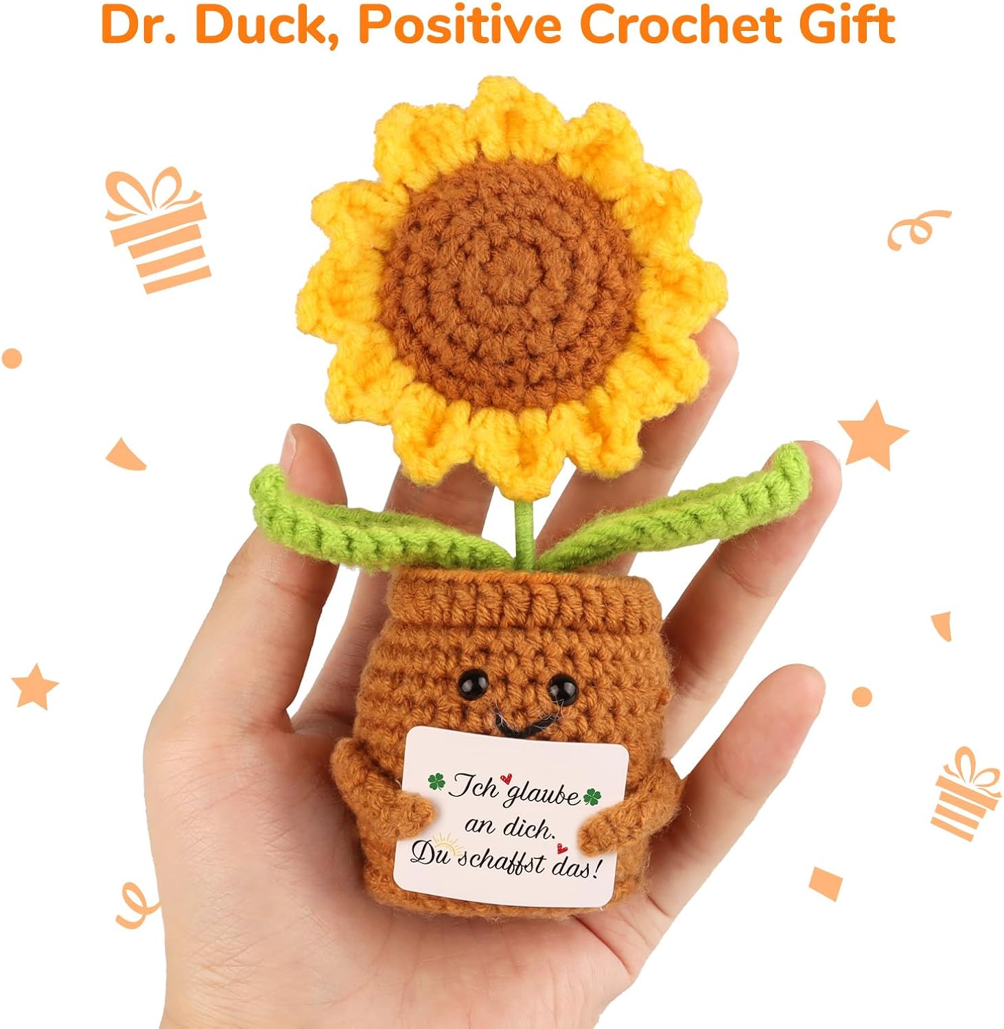 Detalle 2 de WenmthG Positive Sonnenblume Pocket Hug – gestrickter Glücksbringer als kleines Mutmacher-Geschenk