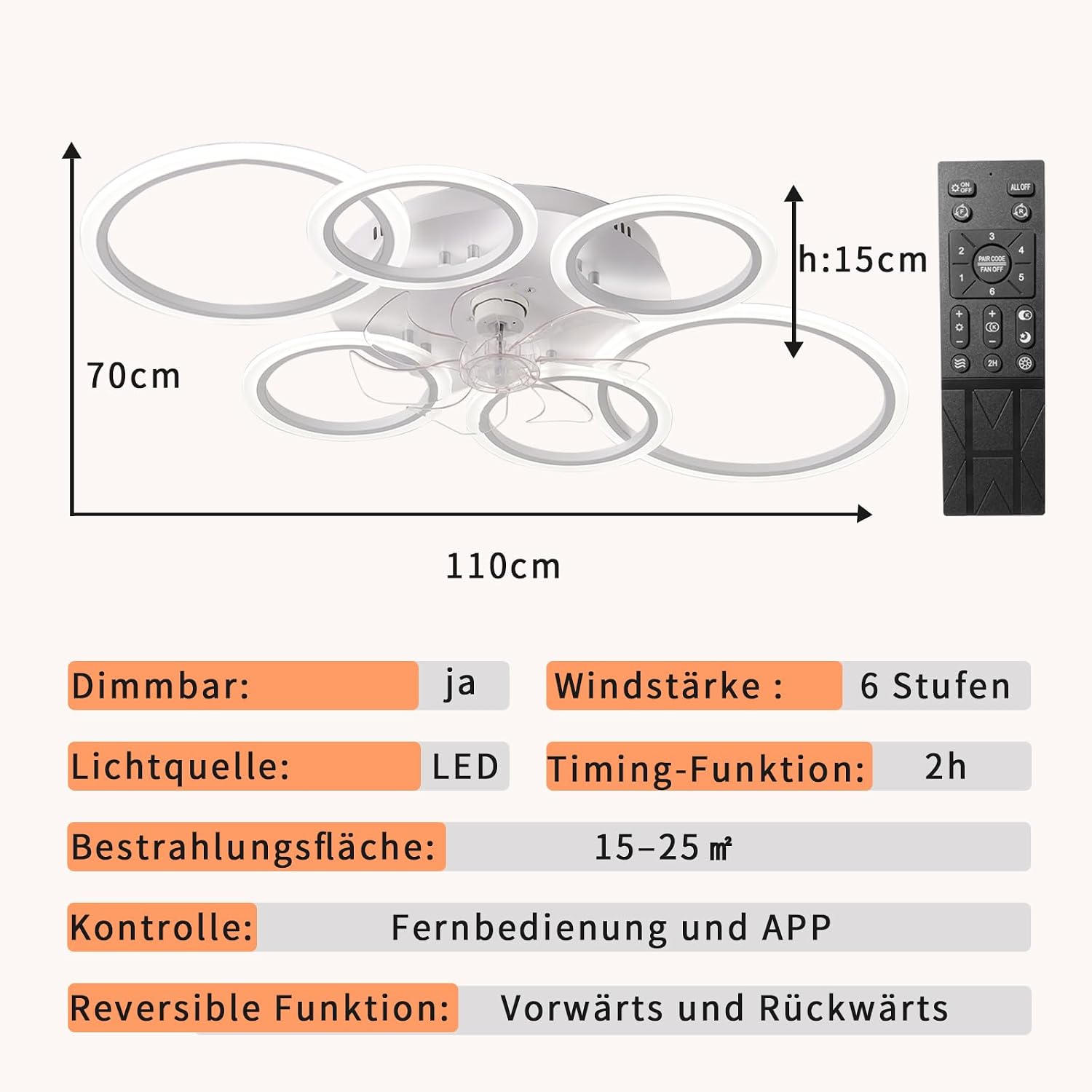 Detalle de MiiR LED Deckenventilator mit Beleuchtung (110 cm), Fernbedienung & App, 105 W – weiß