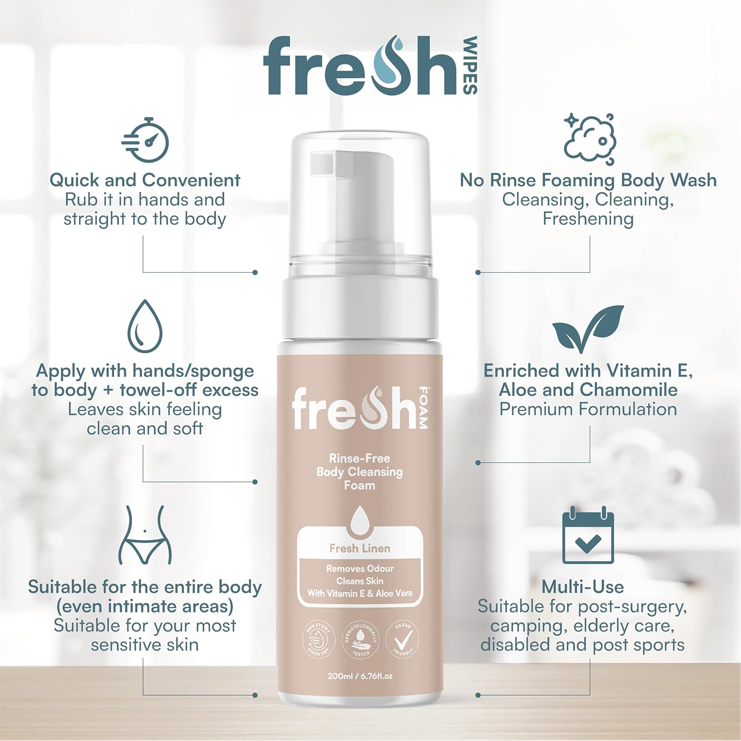 Detalle 2 de FreshWipes Rinse Free Foaming Body Wash 200ml – Gentle, Odour-Eliminating & Waterless Cleanse for Sensitive Skin
