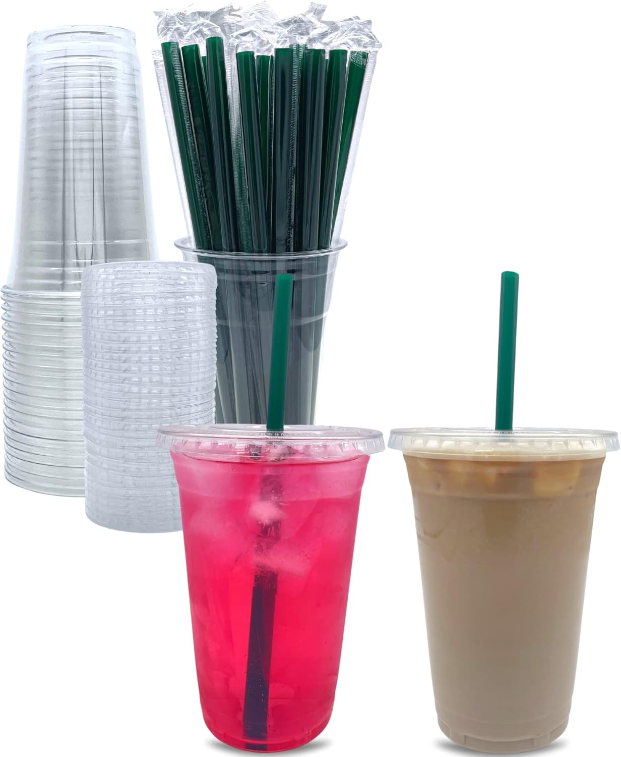 Thumbnail 6 de [100 Sets] 20 oz Clear Plastic Cups with Lids and Straws – Disposable for To-Go Drinks