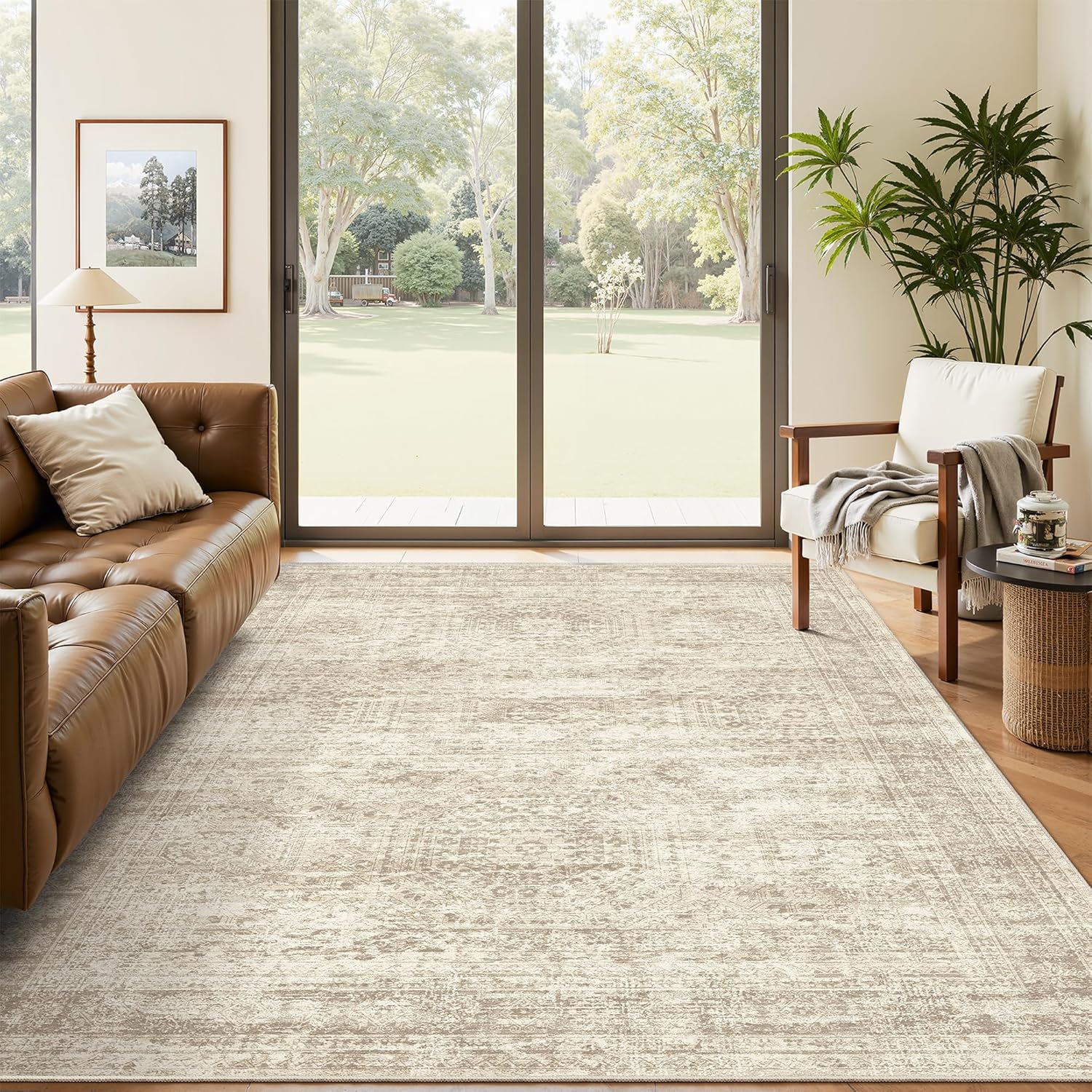 Detalle de Soalmost 5x7 Beige Area Rug — Low-Pile, Pet-Friendly, Washable