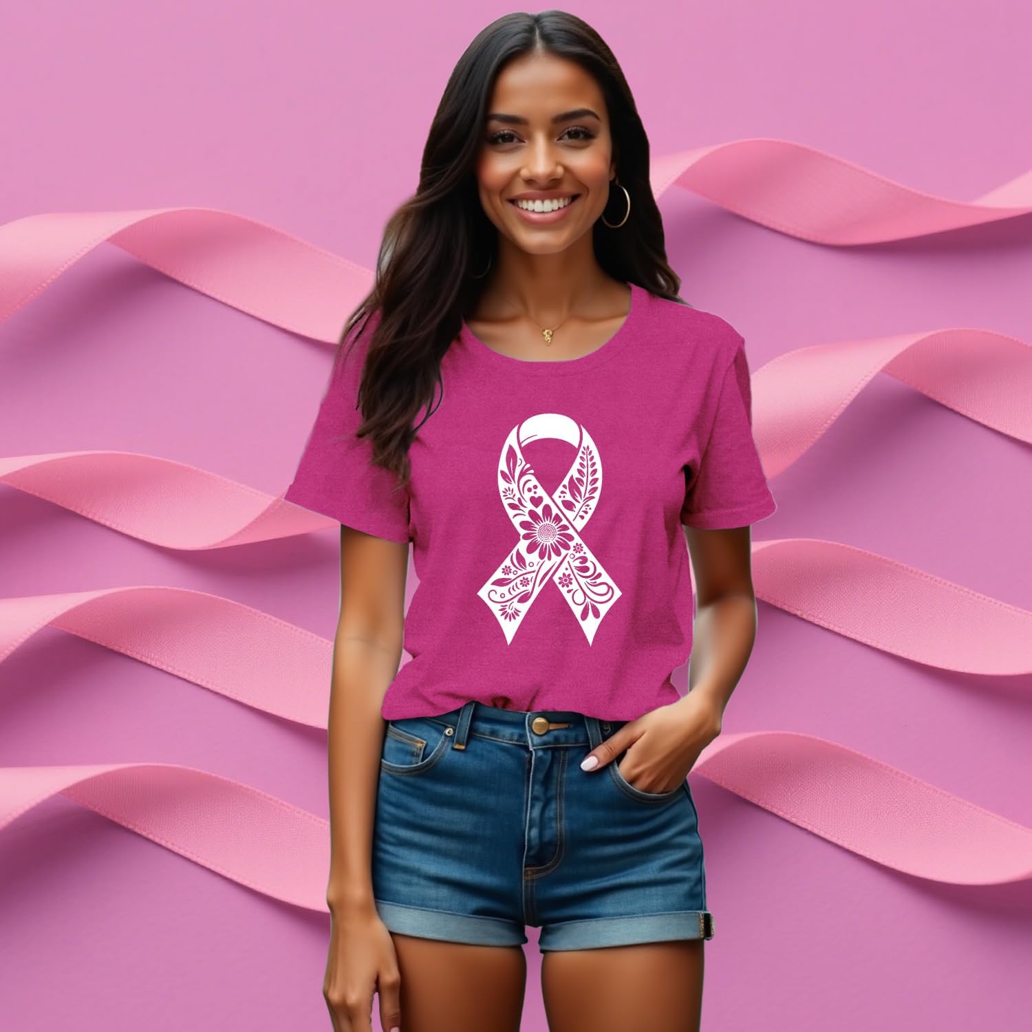 Detalle 2 de Qskall Breast Cancer Awareness T-Shirt for Women with Pink Ribbon Floral Design