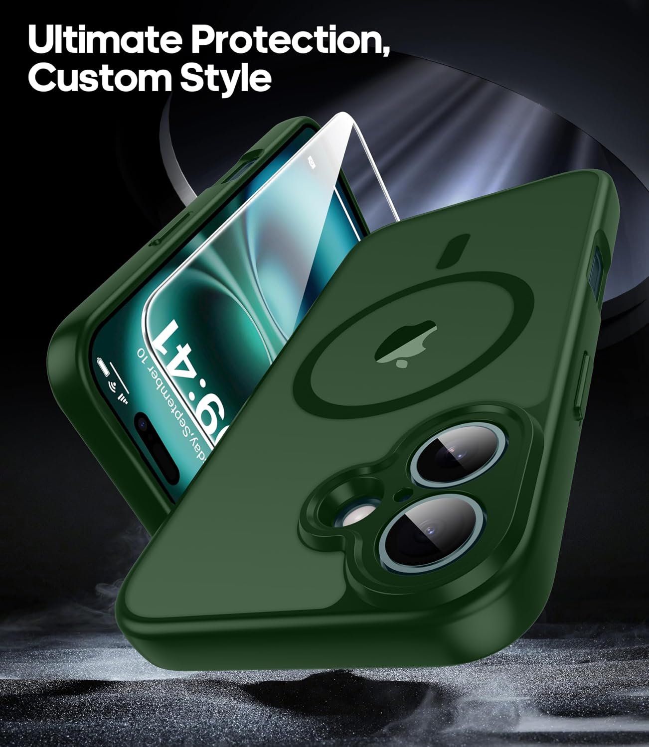 Detalle de FLLAO for iPhone 16 Case with Mag-safe and 2x Glass Screen Protector – Slim Green Bumper