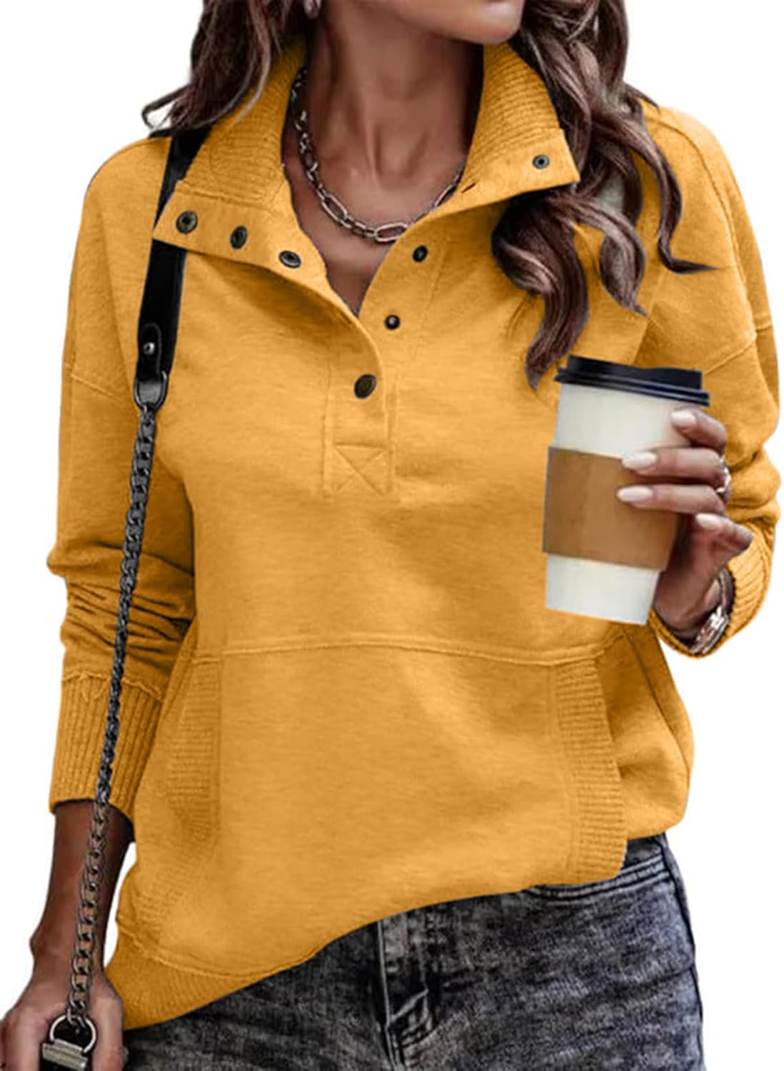Thumbnail 4 de SHEWIN Women's Casual Long Sleeve Stand Neck Sweatshirt — Lightweight Button Drawstring Pullover