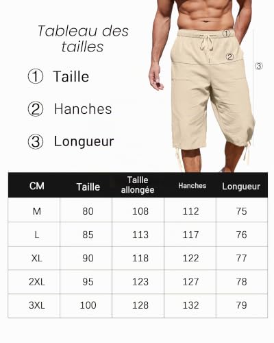 Detalle de LVCBL Short en Lin 3/4 pour Homme – Noir, XXL