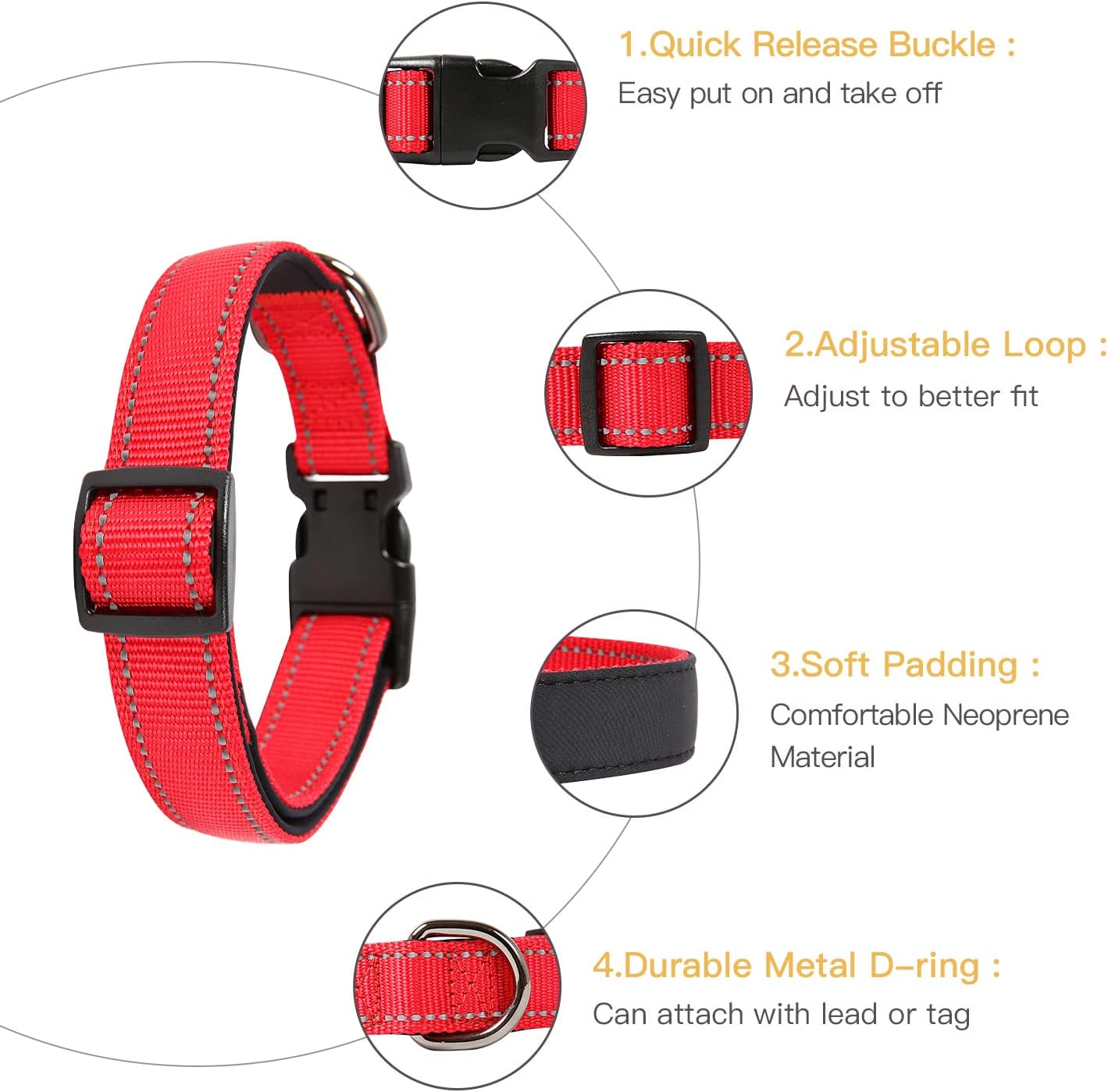 Detalle de HEELE Dog Collar, Reflective, Soft Neoprene Padded Nylon Pet Collar for Medium Dogs – Red, M (34-52cm)