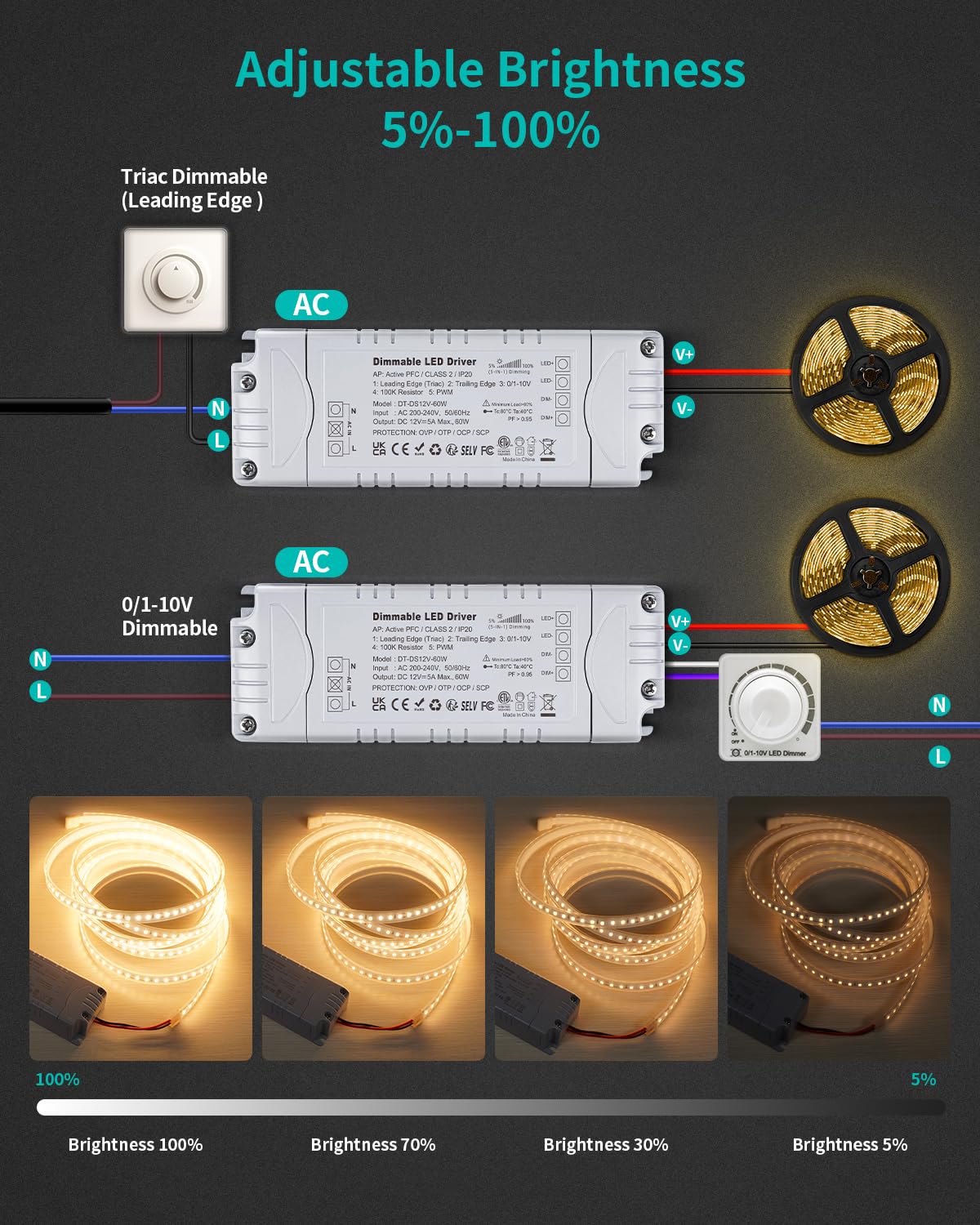 Detalle de REYLAX 12V Dimmable Triac LED Driver (60W, 5A) — High PF, 240V to 12V Transformer