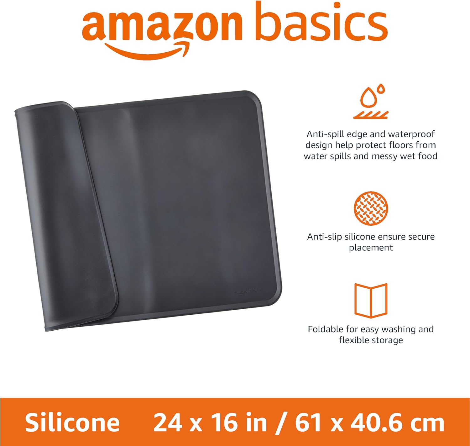 Detalle 2 de Amazon Basics Waterproof Anti-Slip Silicone Placemat for Pet Bowls, 61 x 41 cm, Black