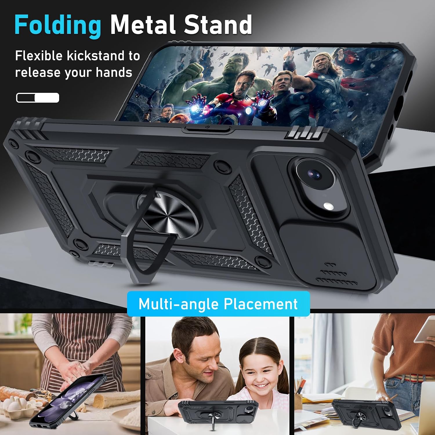 Detalle de Janmitta iPhone 17e / 16e Case with Built-in Slide Camera Lens Cover, Tempered Glass Screen Protector, and Kickstand
