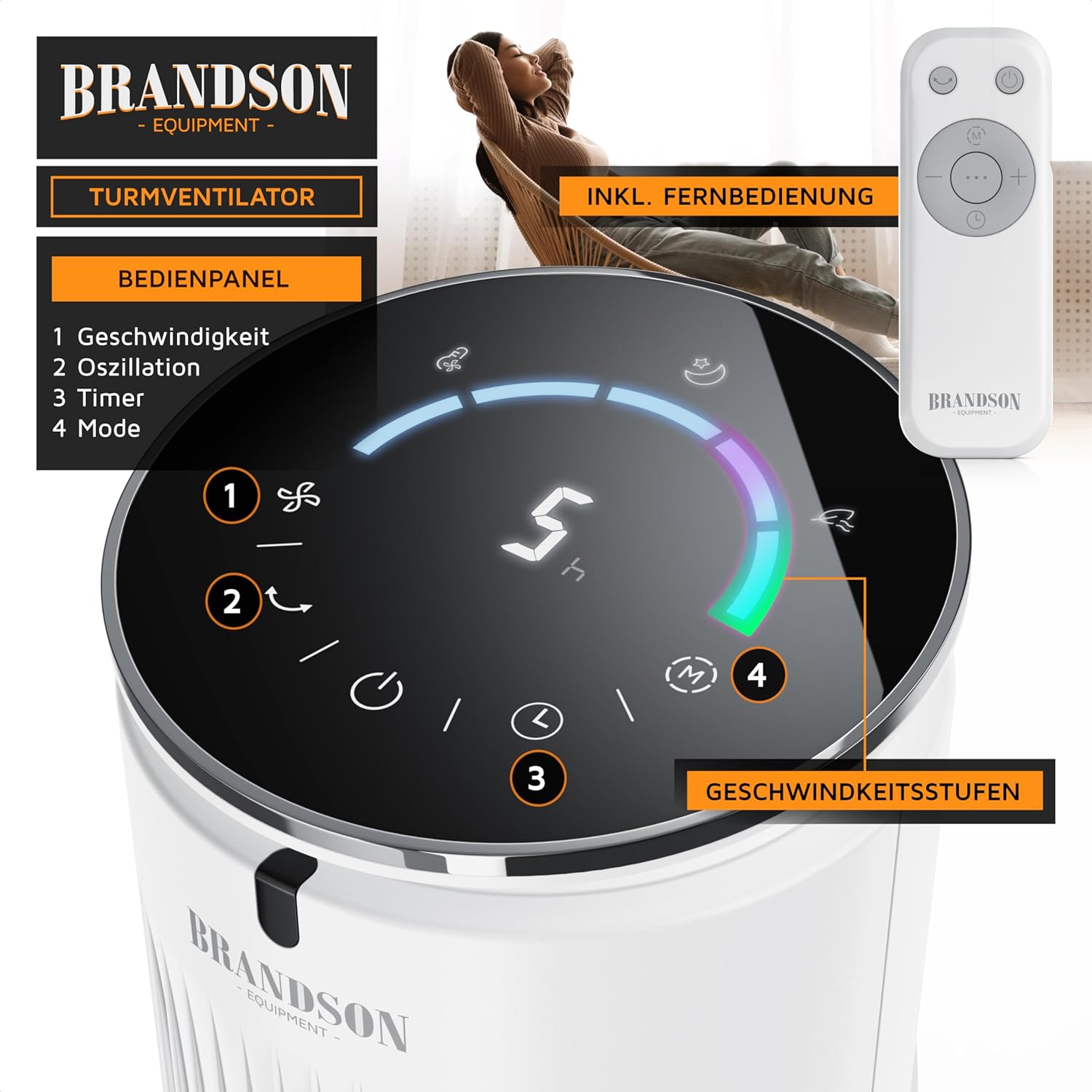 Detalle de Brandson Turmventilator mit Aromafach und Fernbedienung – leisestarke Kühlung mit 5 Stufen, 4 Modi und Timer
