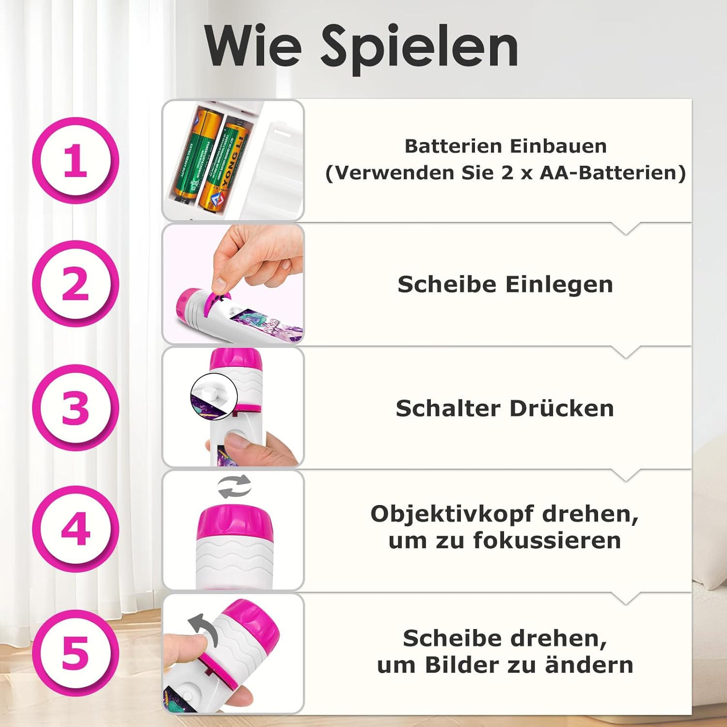 Detalle de Pup Go Kinder Projektor-Taschenlampe Einhorn (ab 3+) mit 3 Disks und 24 Bildern