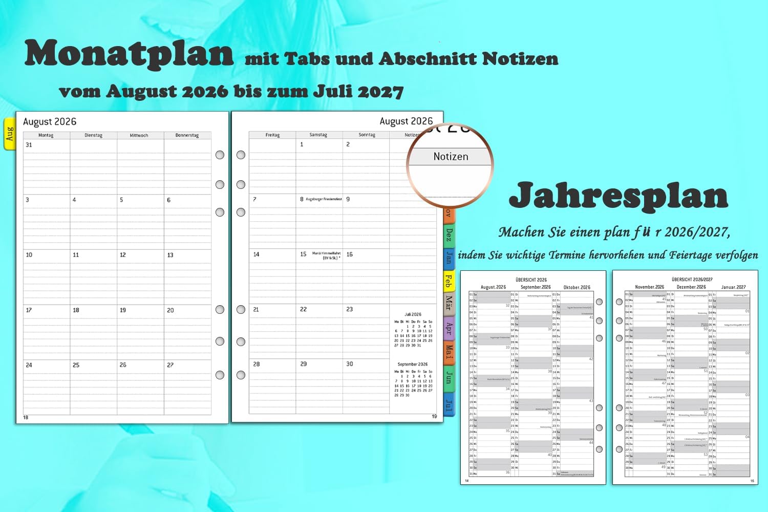 Thumbnail 4 de 2026/2027 Wochenplaner-Einlage A5 mit 6 Löchern – Kompatibel mit Filofax, August 2026 bis Juli 2027