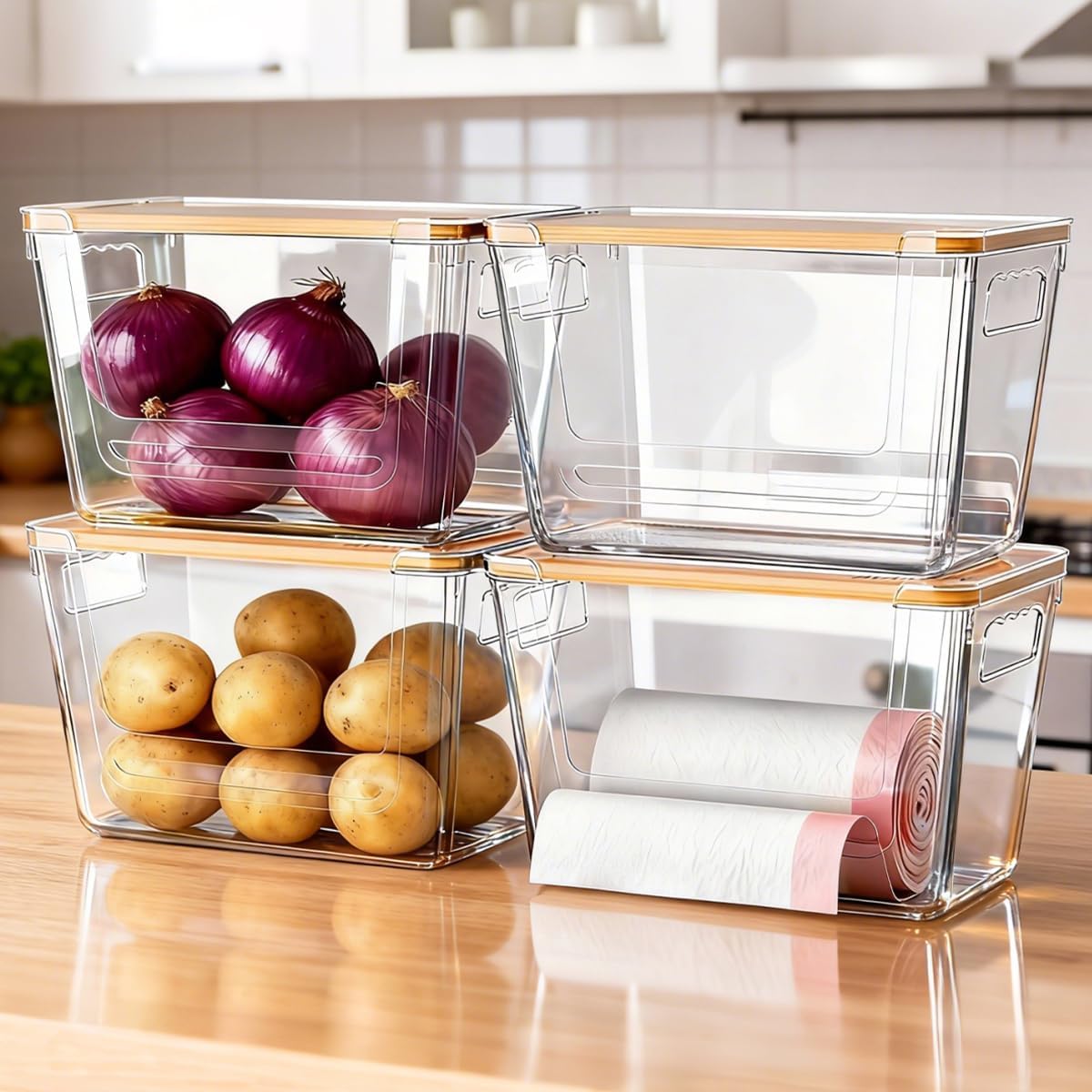 Detalle de ALANSON TMZH-ALL Clear Storage Bins, 4-Pack with Bamboo Lids