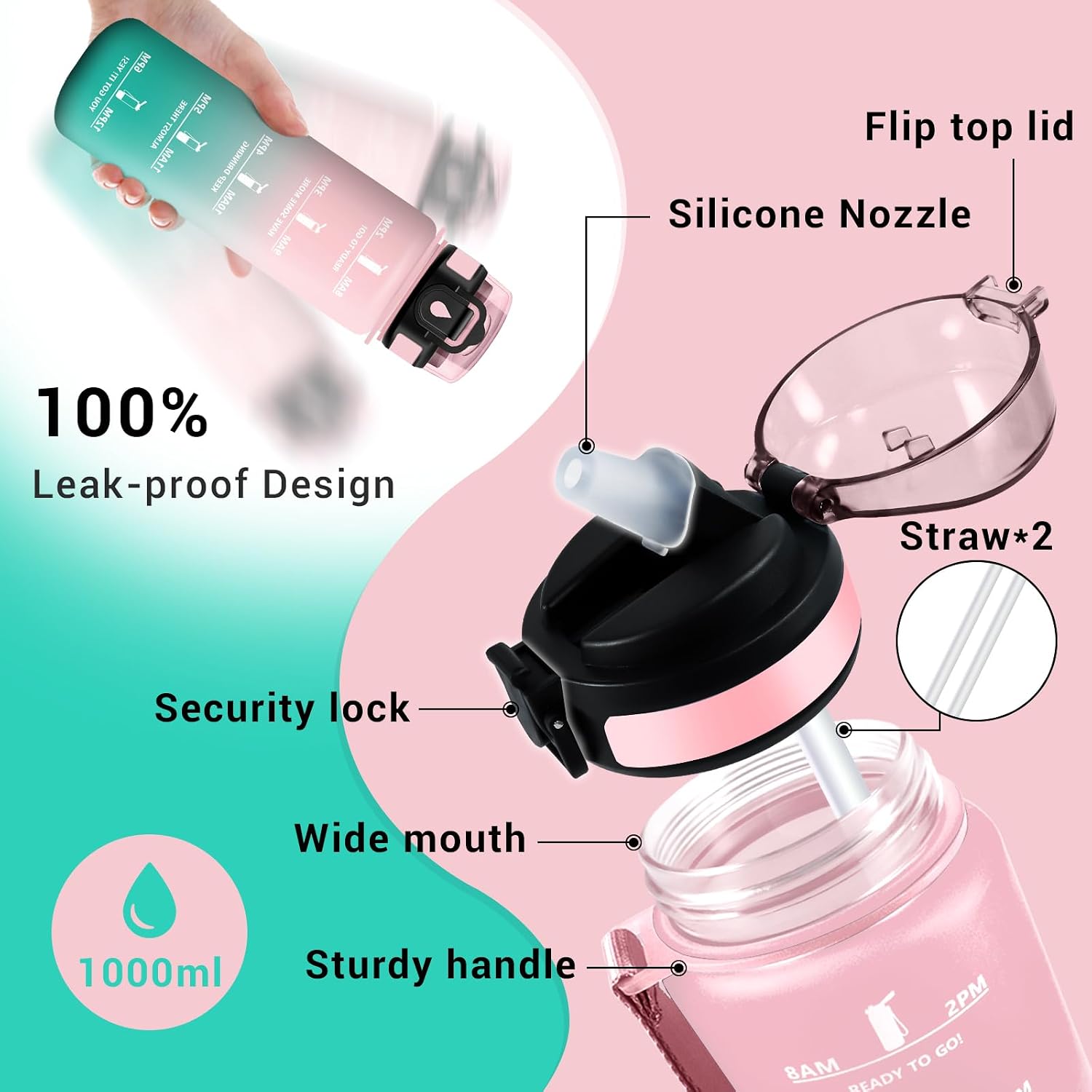 Detalle 2 de Borraccia 1L con cannuccia e indicatore orario 💧