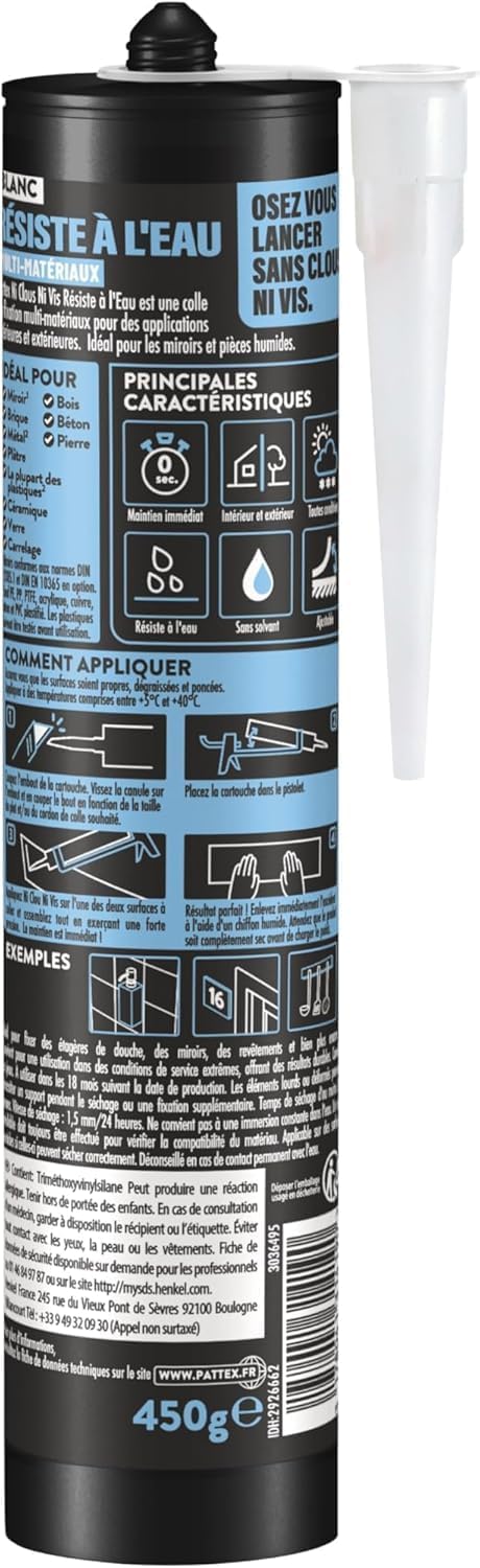 Thumbnail 1 de Pattex Colle Ni Clou Ni Vis Résiste à l'Eau (450 g) – Colle de fixation universelle et mastic blanc