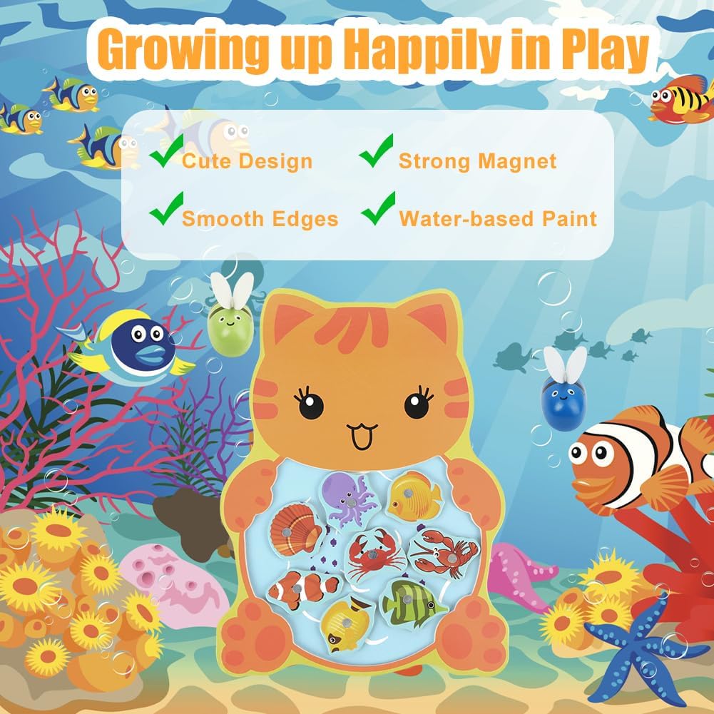 Detalle 2 de Vicloon Magnetic Wooden Fishing Game, Kitten Style, 8 Fish and 2 Rods