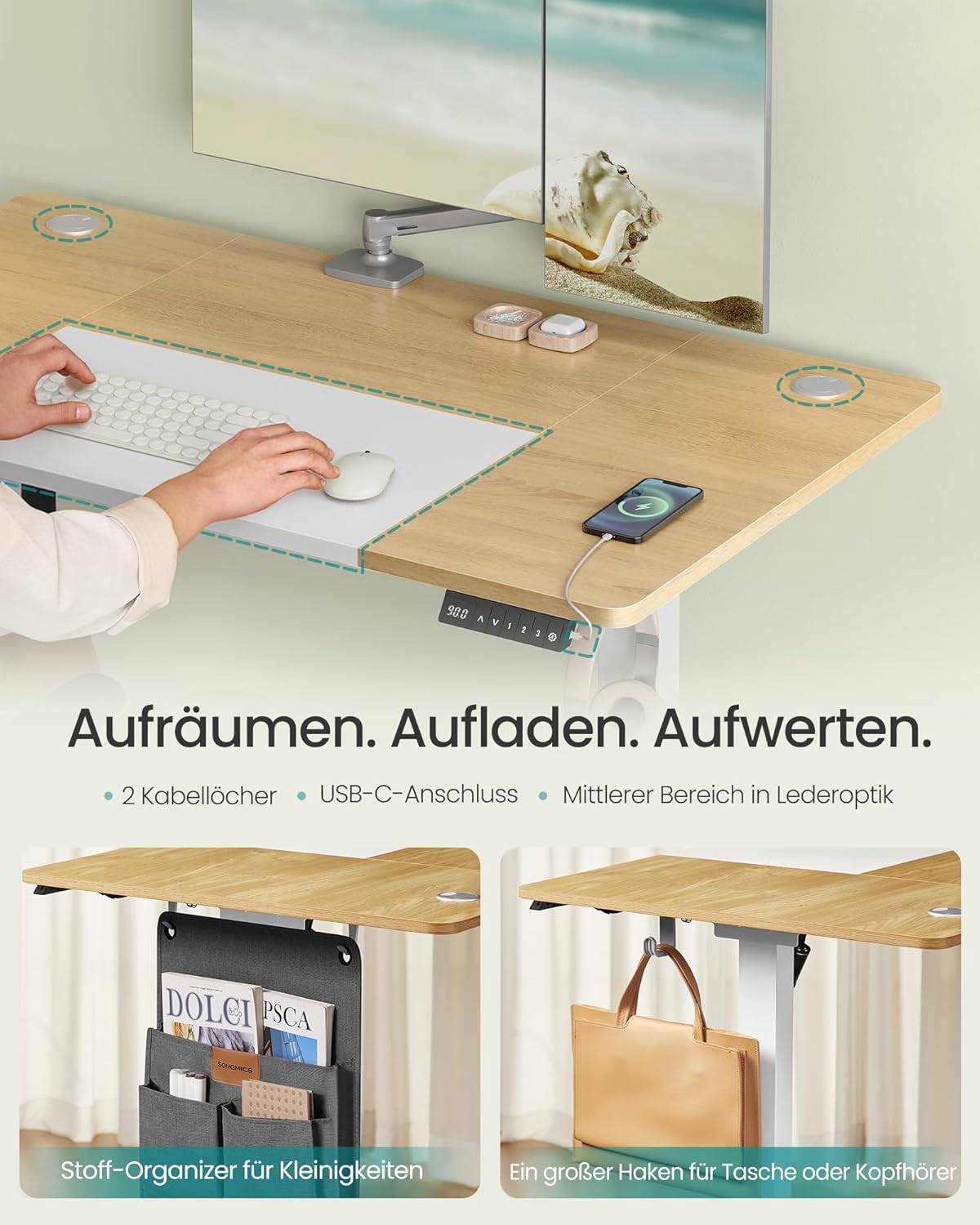 Thumbnail 6 de SONGMICS Höhenverstellbarer Schreibtisch LSD015N01 – 120 × 60 cm, elektrisch, 4 Speicherhöhen, natureichenfarben-mattweiß