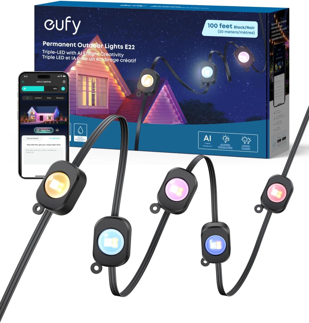Detalle de eufy E22 Permanent Outdoor Lights, 100 ft, 60 Triple-LED Smart RGBWW