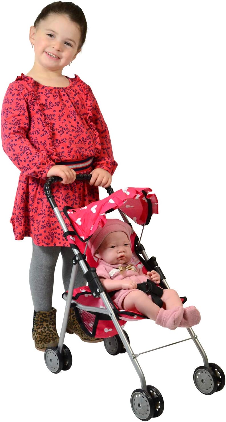 Detalle de The New York Doll Collection My First Doll Stroller with Basket & Heart Design (Pink)