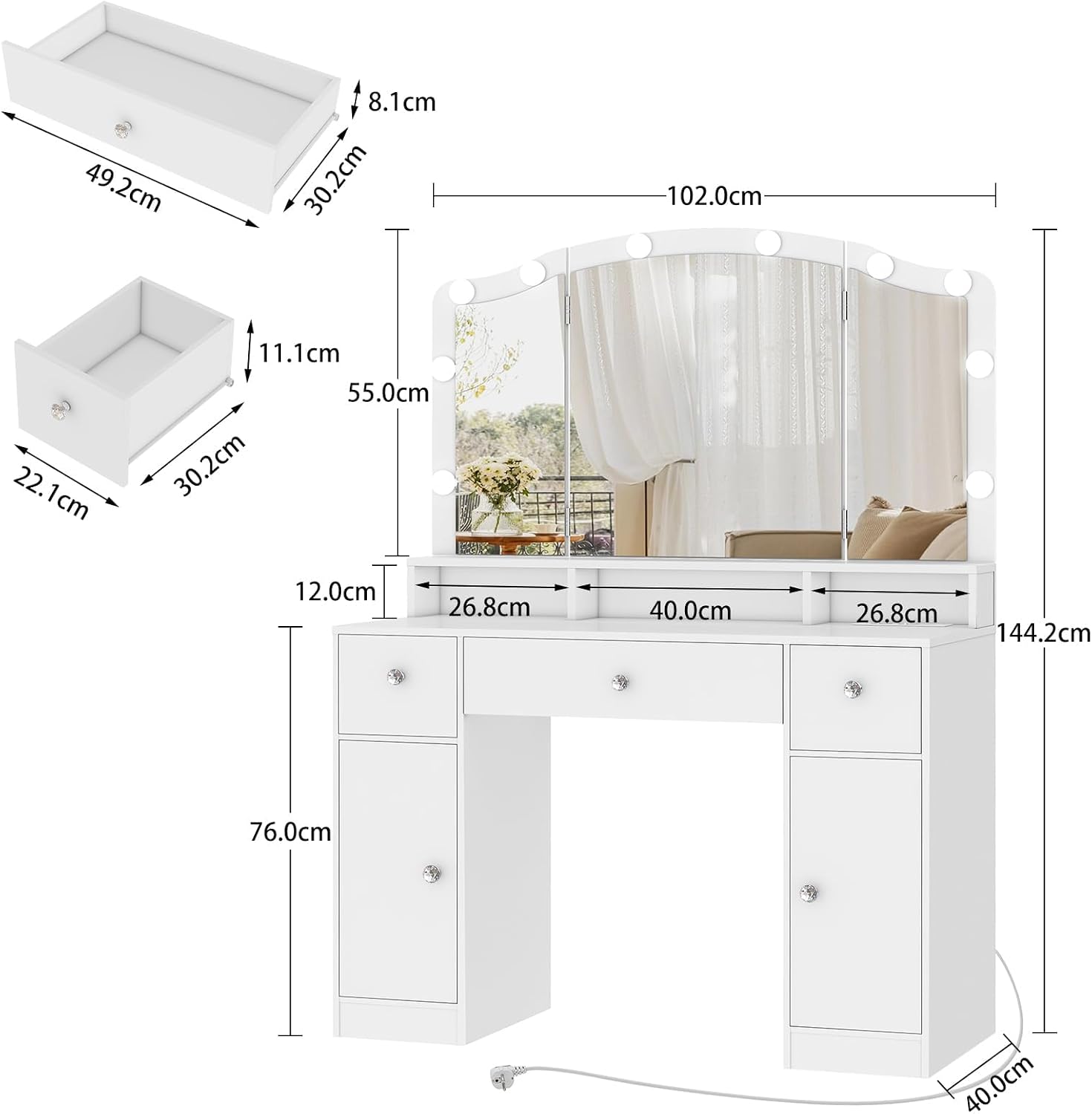 Thumbnail 4 de FIONESO STA007WDN kaptafel met spiegel, 10 ledlampen en 5 laden, wit