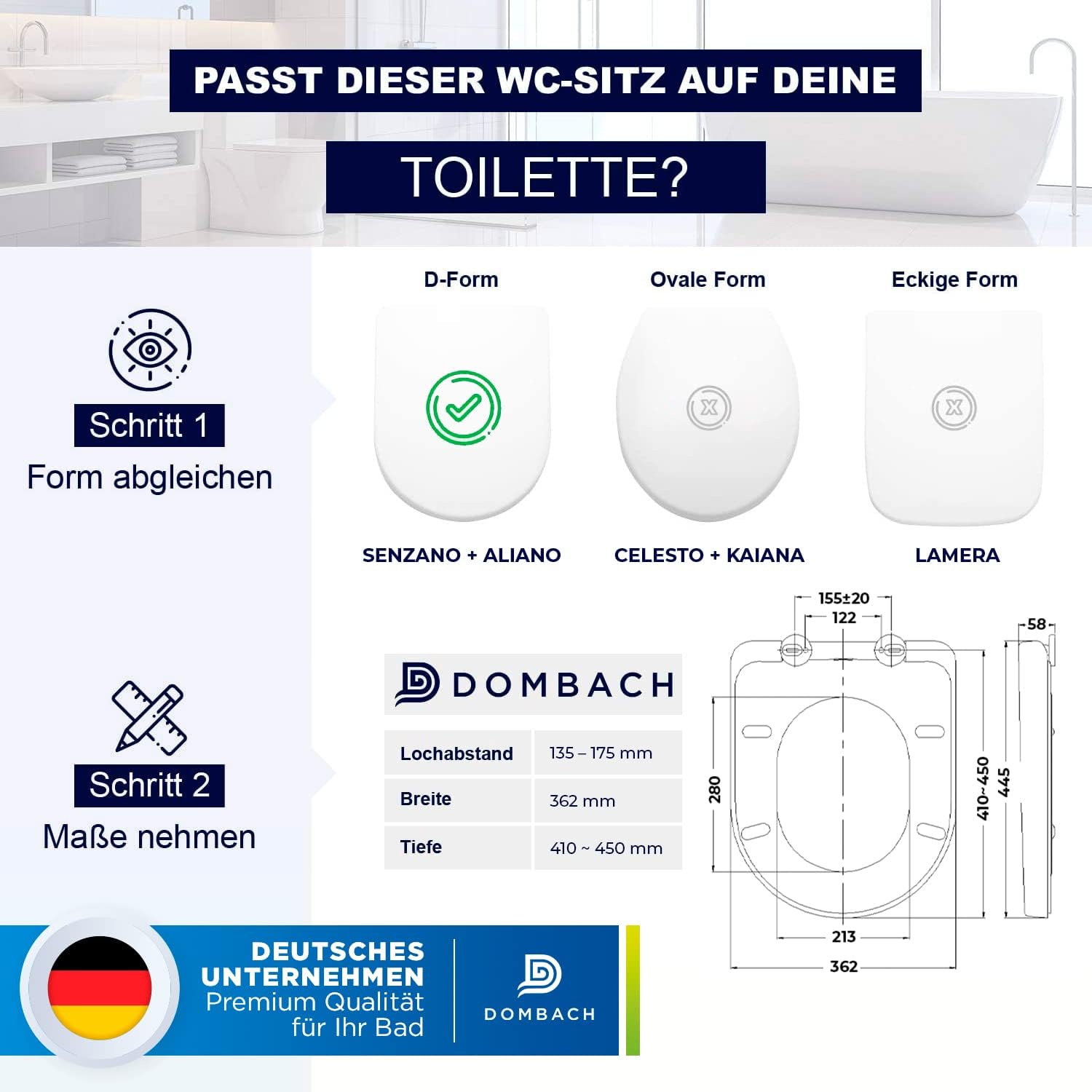 Detalle de DOMBACH Premium Toilettendeckel mit Absenkautomatik – Abnehmbar, Weiß, D-Form