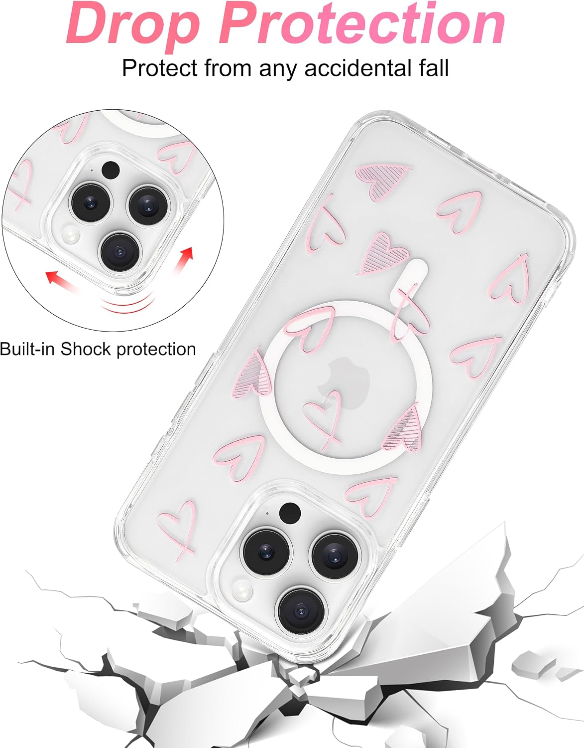 Detalle 2 de Jusy Magnetic Heart Case for iPhone 14 Pro Max, Pink TPU, MagSafe-Compatible