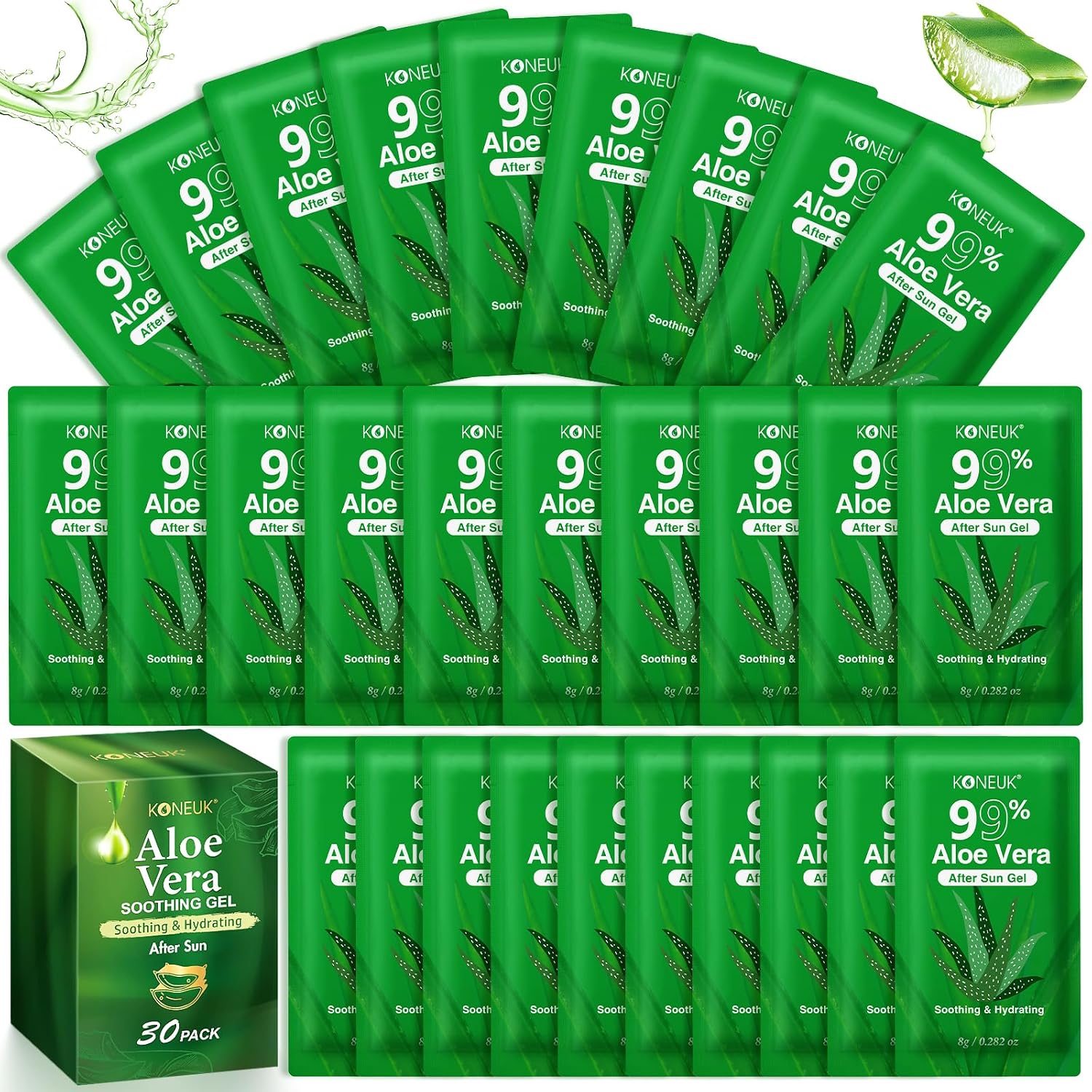 Detalle de KONEUK 30 Pack Aloe Vera Gel – 99% Pure, Travel-Size for Face, Hair, Skin