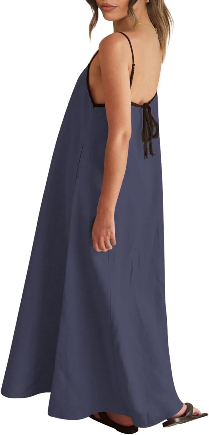 Detalle de Shy Velvet Women's 2026 Summer Linen Maxi Dress with Contrast Trim