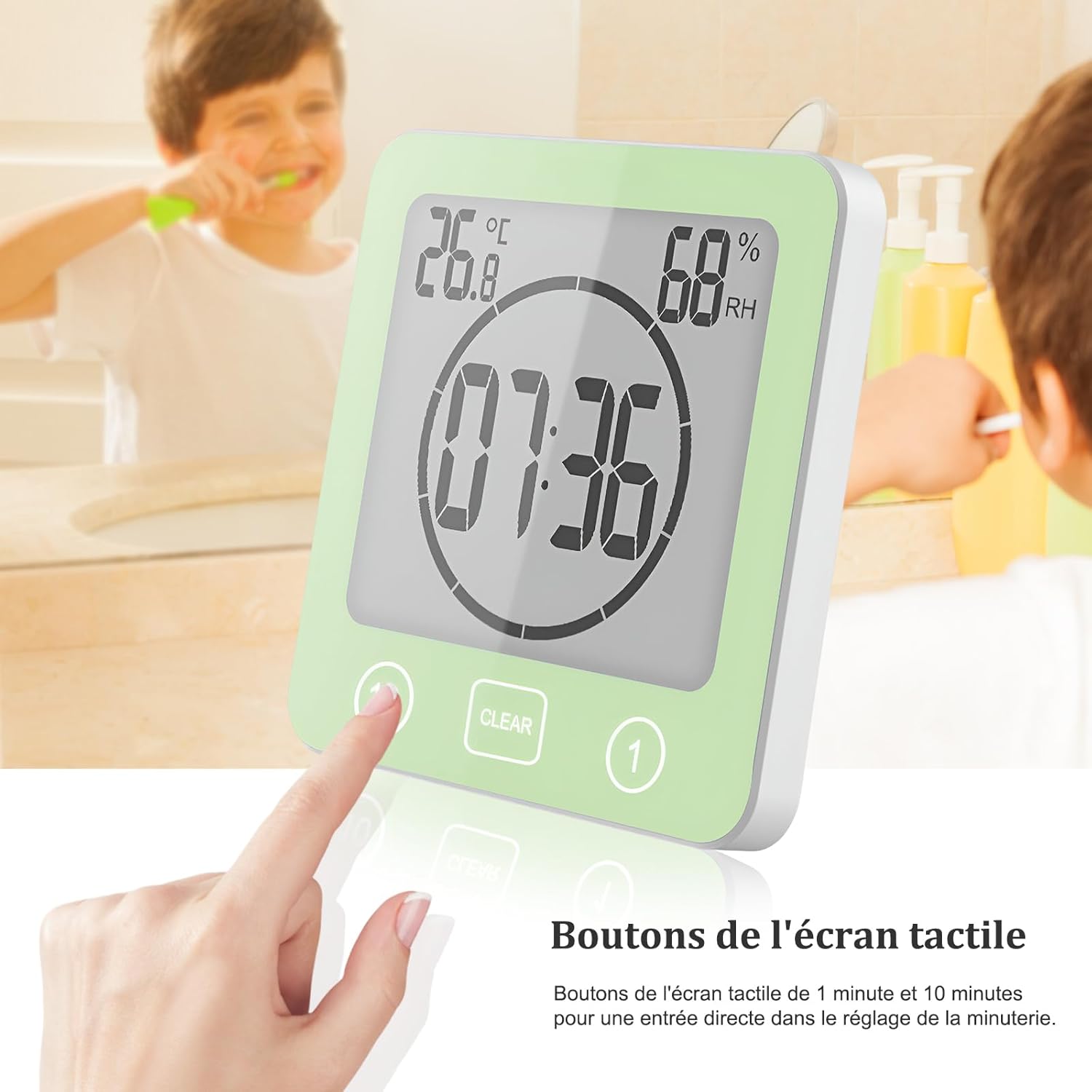 Thumbnail 3 de Horloge de salle de bain VORRINC étanche à contrôle tactile (LCD) avec thermomètre/hygromètre et minuteur